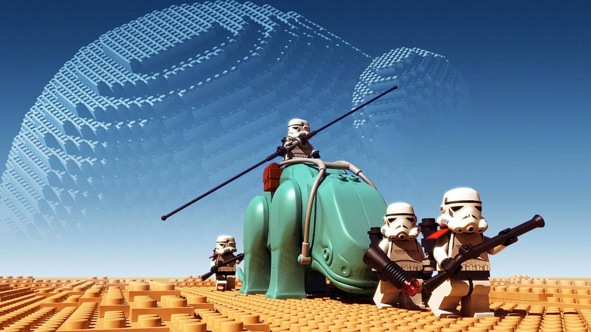 LEGO 風暴兵在巨大的 LEGO 死星下巡邏磚塊沙漠。