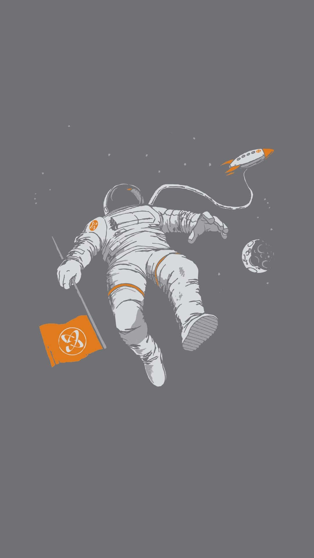 太空人在太空漂浮，手持橙色旗幟，附近有火箭和月亮。
