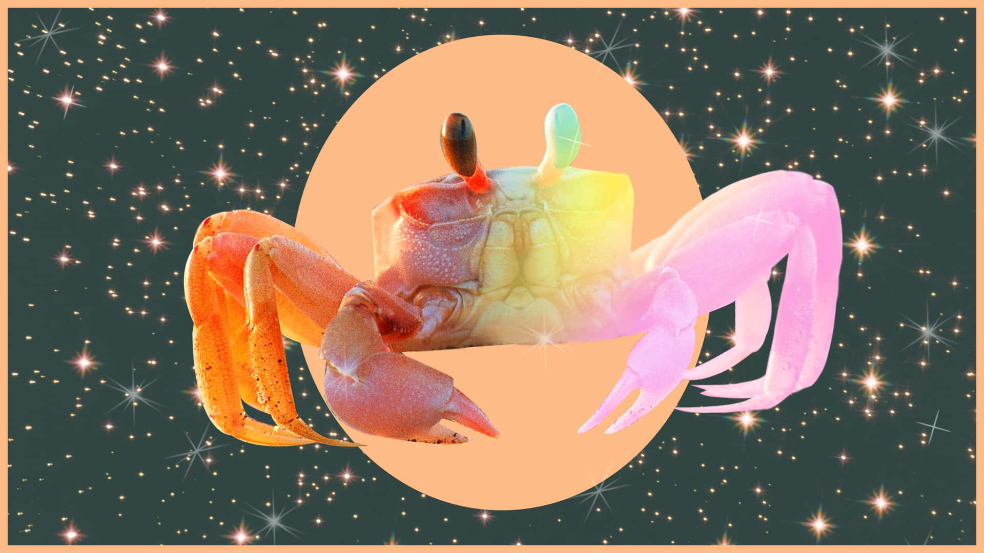 一隻色彩繽紛的蟹漂浮在滿天星斗的宇宙場景中，背後有一個發光的桃色圓圈。