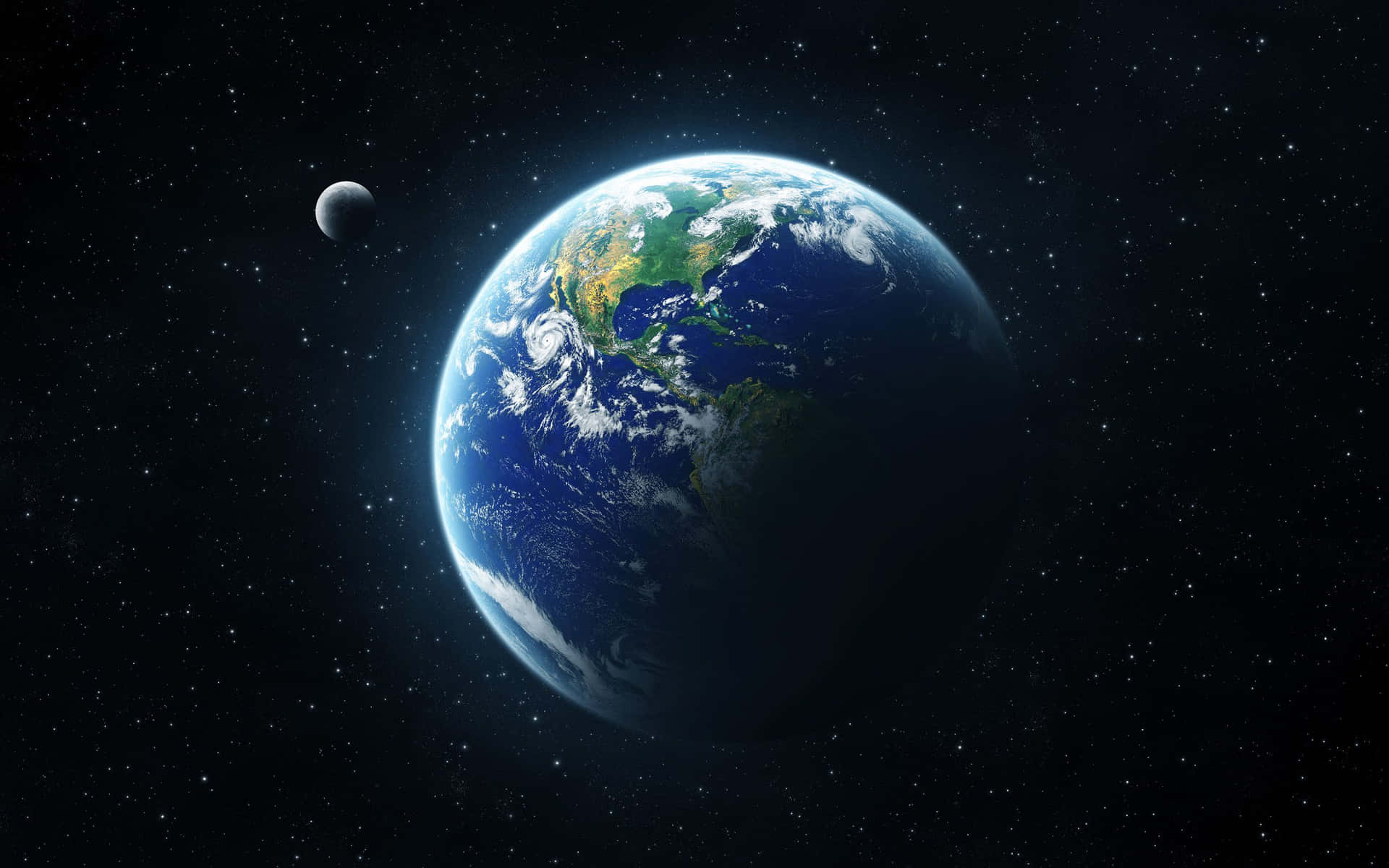 讓浩瀚宇宙點亮您的桌面 壁紙 — 地球在太空中發出藍色和綠色的光芒，周圍有月球和星星。