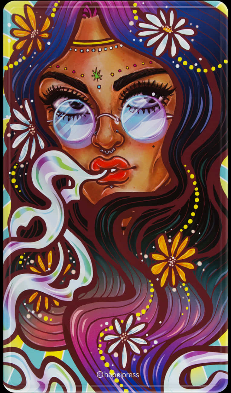 一位色彩繽紛的插圖女性，戴著眼鏡和花朵，正在呼出煙霧。