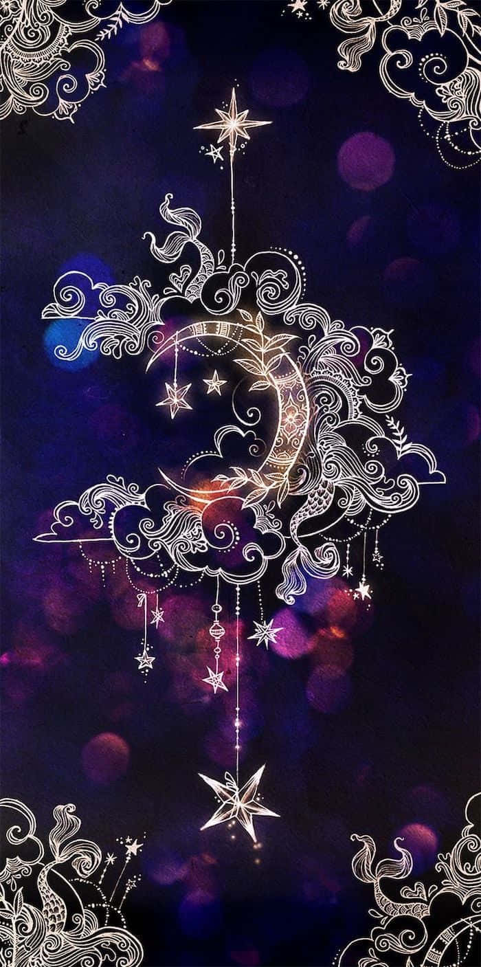 在紫色散景背景下，華麗銀色銀絲細工中的天體月亮和星星。