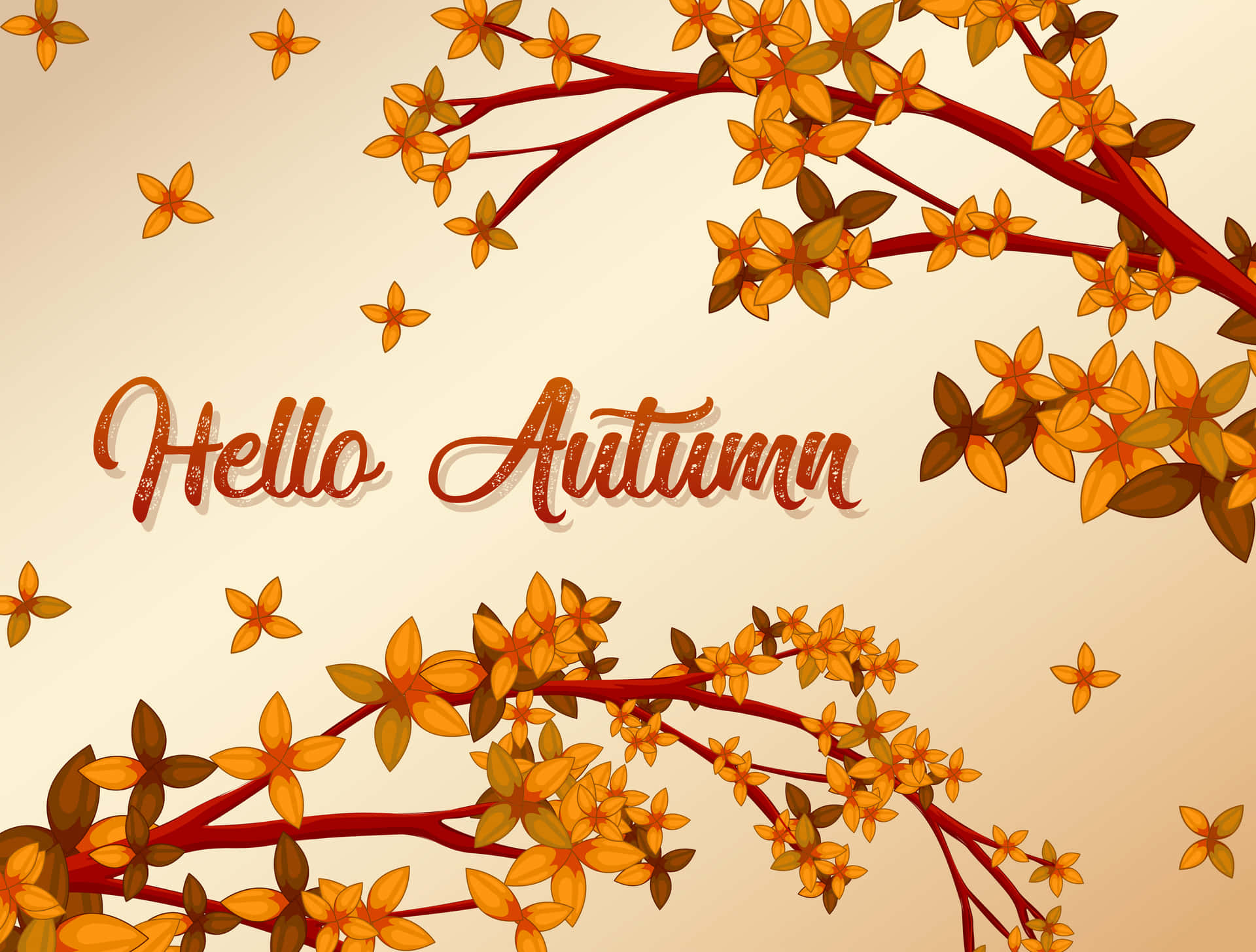 以秋天為主題的插圖，帶有橙色花朵和文字 Hello Autumn。