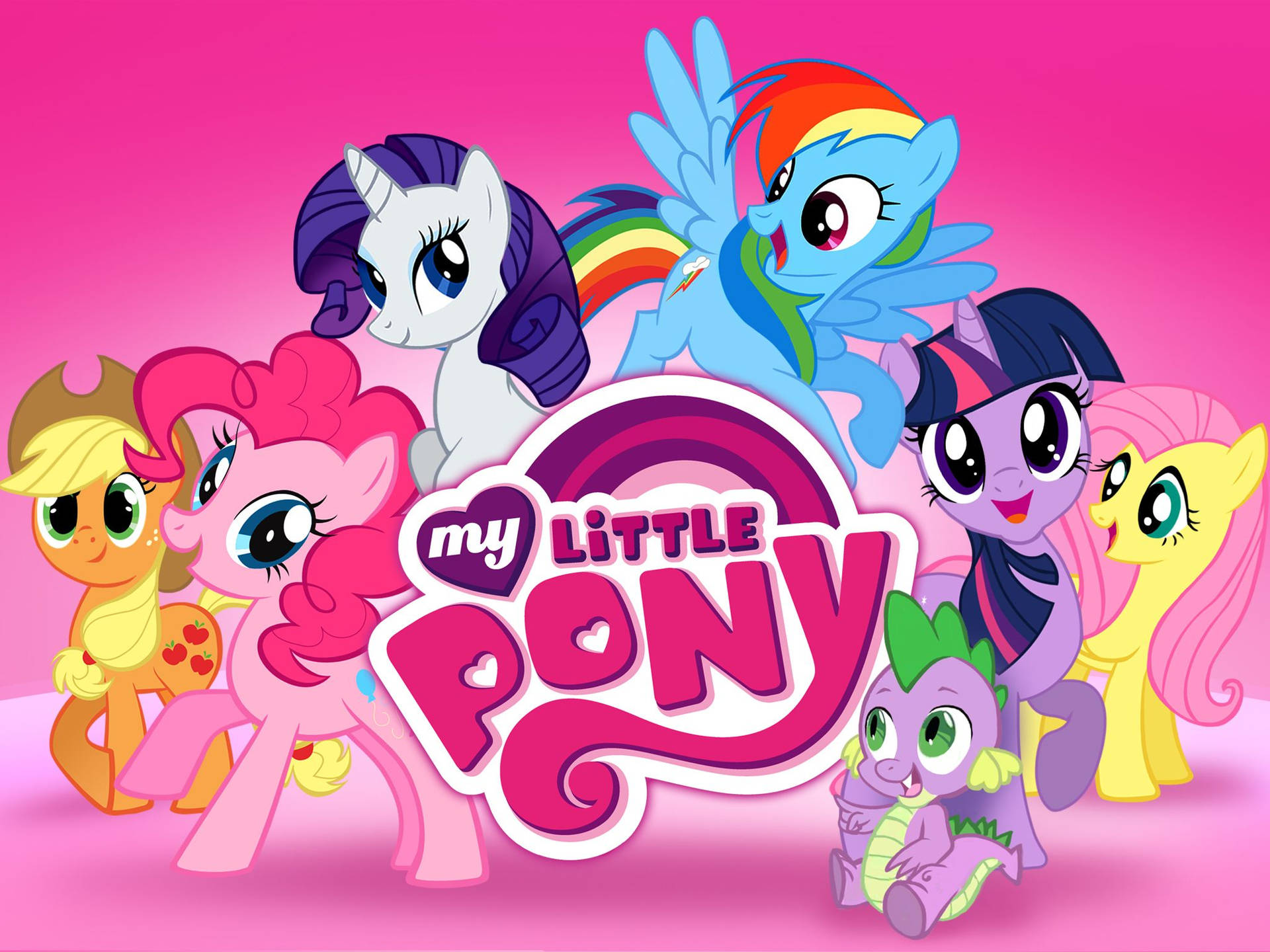 一群色彩繽紛的My Little Pony角色在節目標誌周圍微笑。