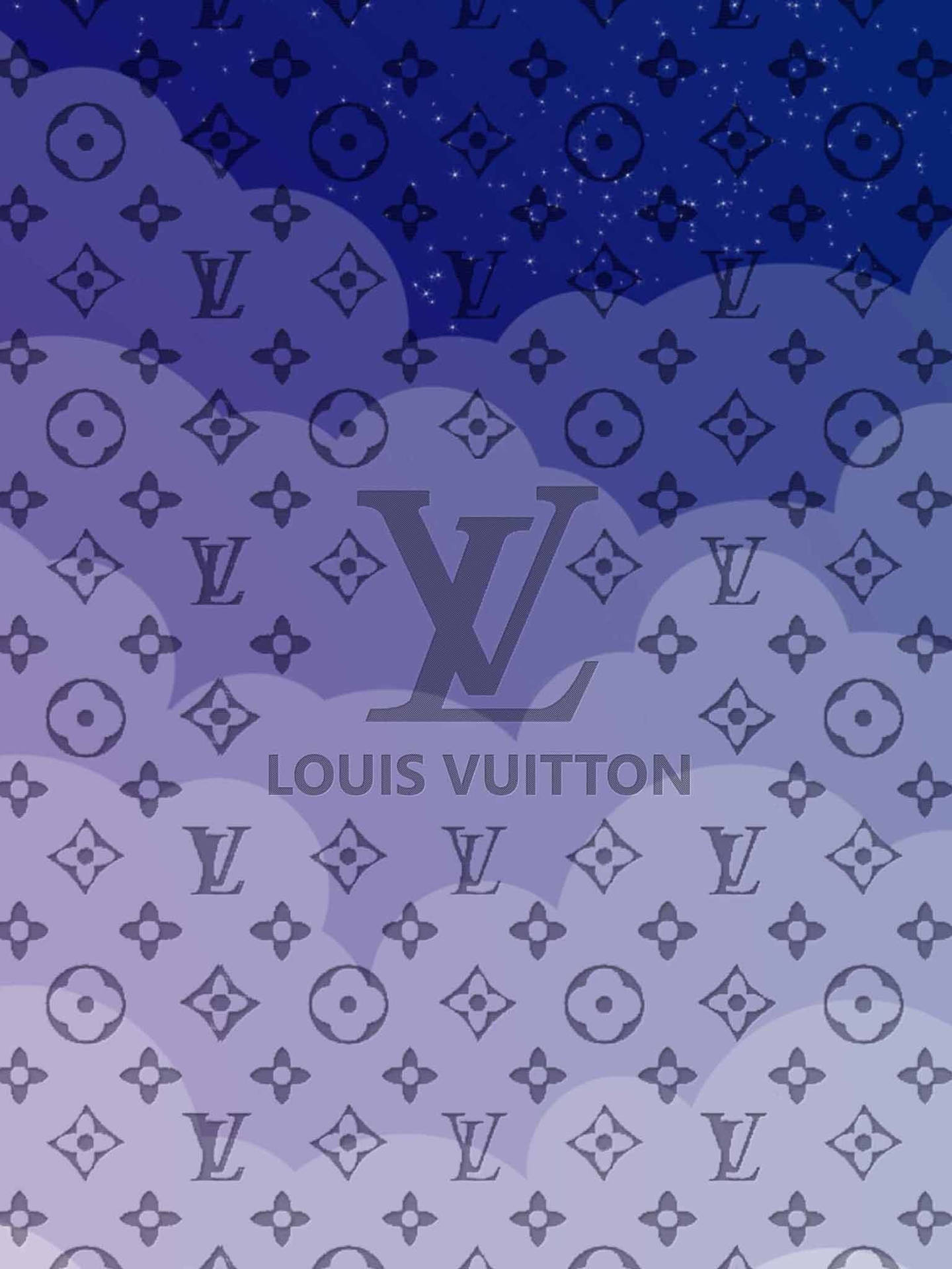 夜空中的雲朵和星星，重疊 Louis Vuitton 字母圖案。