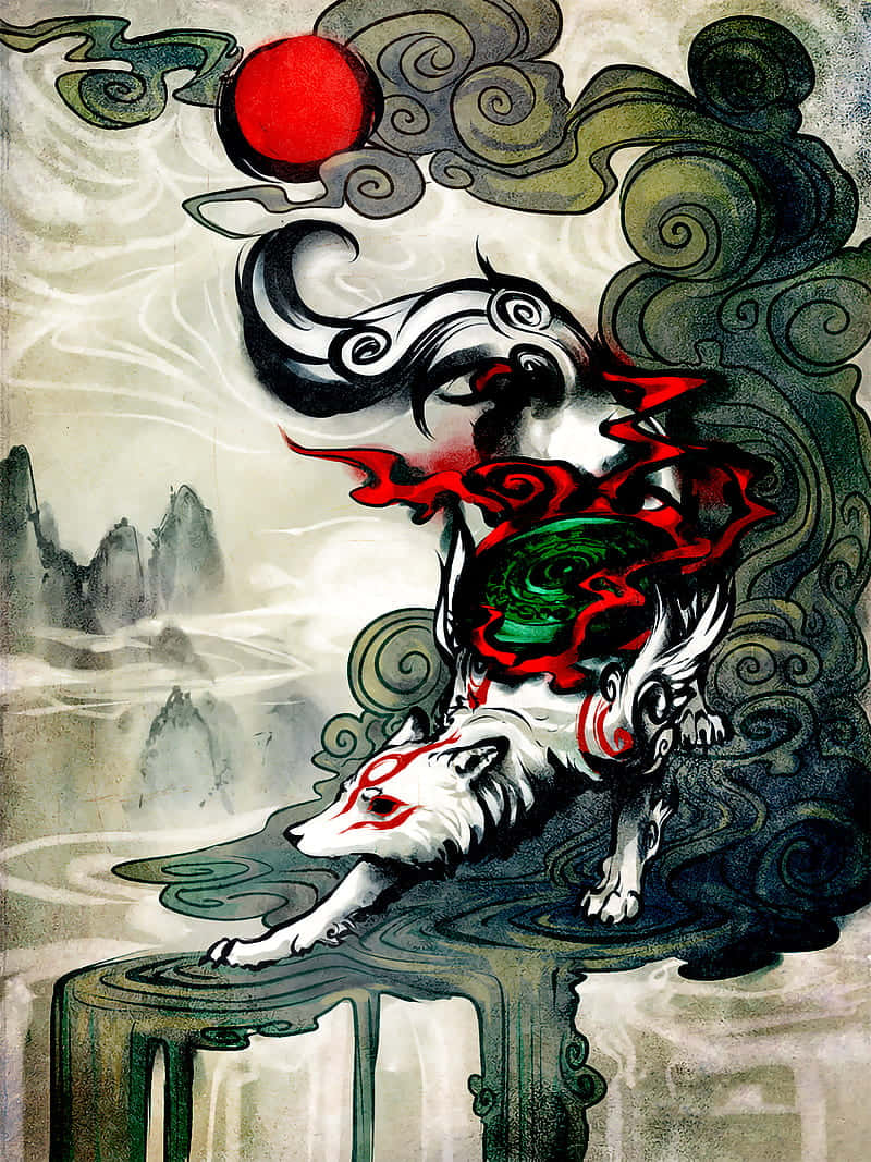 神話中的白狐，帶有紅色標記，在紅色太陽和旋轉的雲朵下。