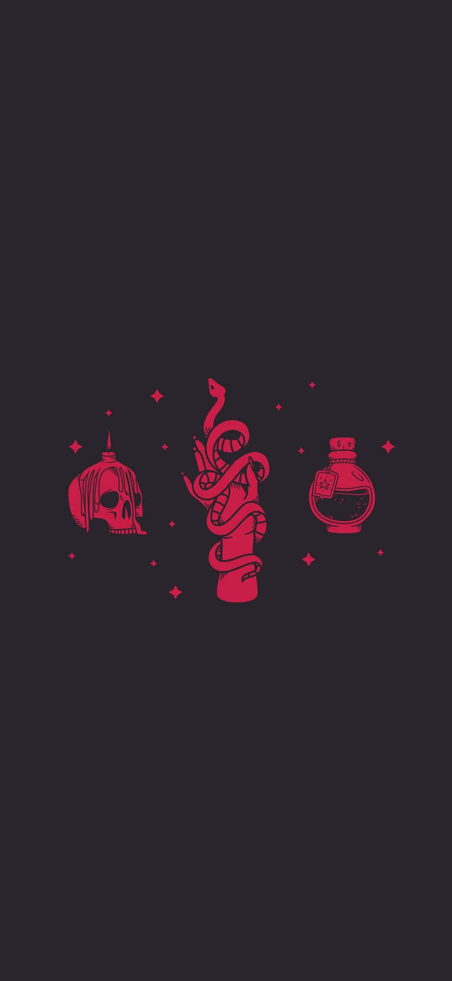 深色背景上的紅色神秘符號，包括骷髏瓶、盤蛇和藥水瓶。