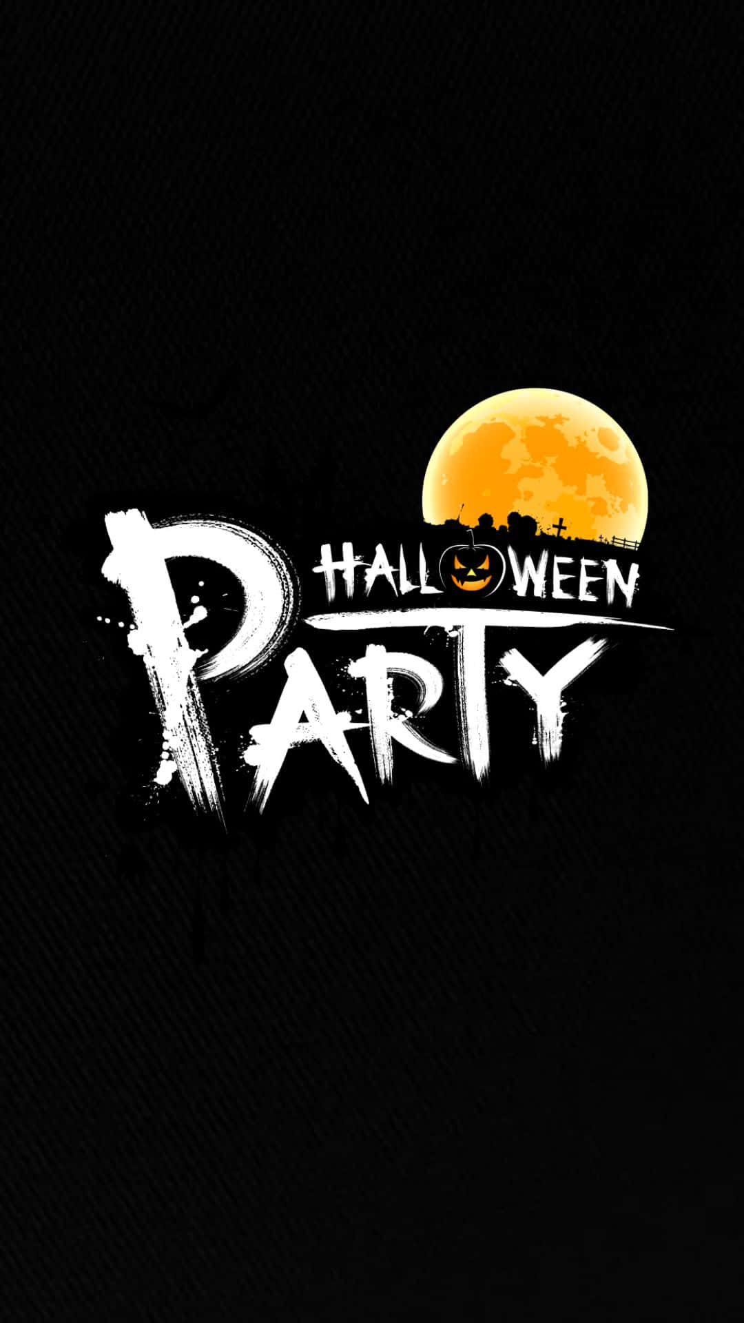 讓萬聖節派對開始吧！ 壁紙 — 大膽的白色塗鴉風格文字寫著 Halloween Party，背景為黑色紋理背景，帶有發光的橙色月亮和剪影墓地。