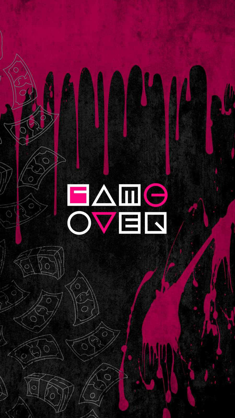 黑色背景上粉紅色和白色的 Game Over 文字，帶有油漆滴和金錢輪廓。