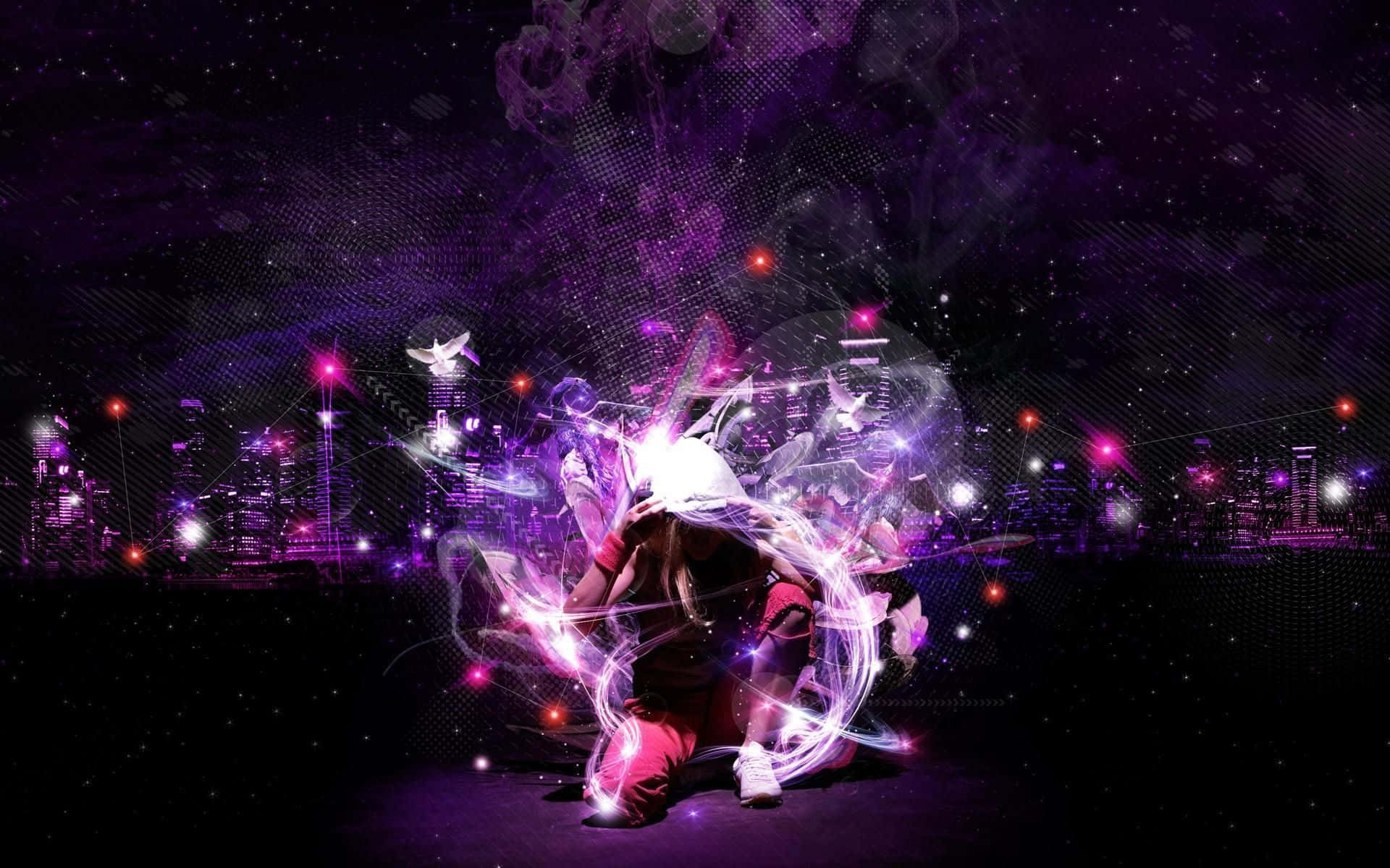 讓身體隨著音樂律動 壁紙 — 一個人在星光燦爛的夜空下，在發光的紫色能量風暴中跪著，背景是霓虹燈閃爍的城市天際線。