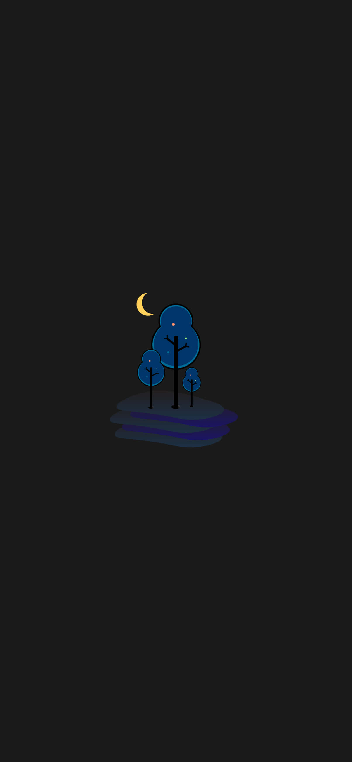 讓酷科技更簡單 壁紙 — 一個極簡的夜景，在黑暗的浮島上有新月在風格化的藍色樹木上方。