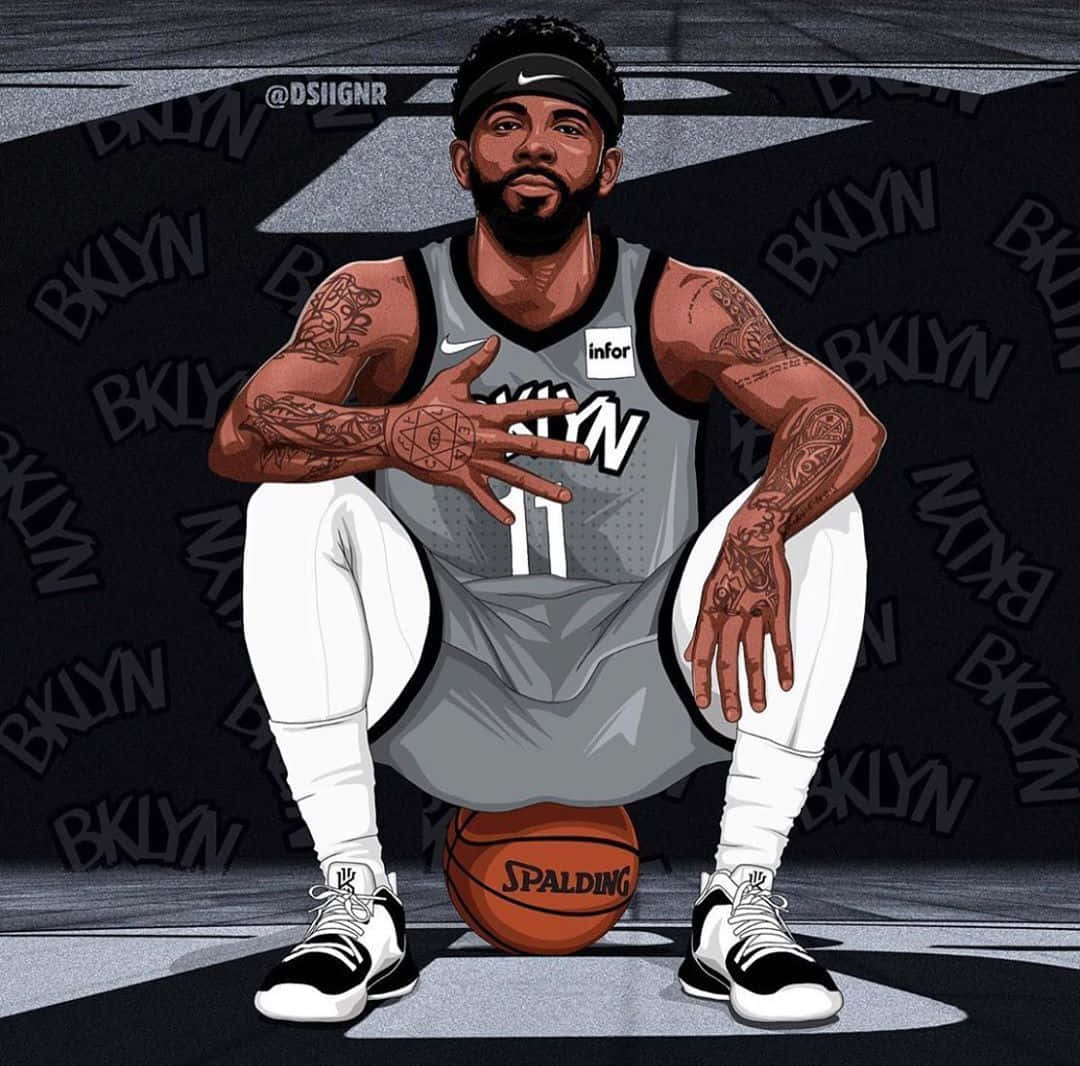 讓開，NBA來了！ 壁紙 — 一個風格化的插圖，描繪一名有紋身的籃球運動員穿著布魯克林籃網隊球衣，蹲著並拿著一個Spalding籃球。