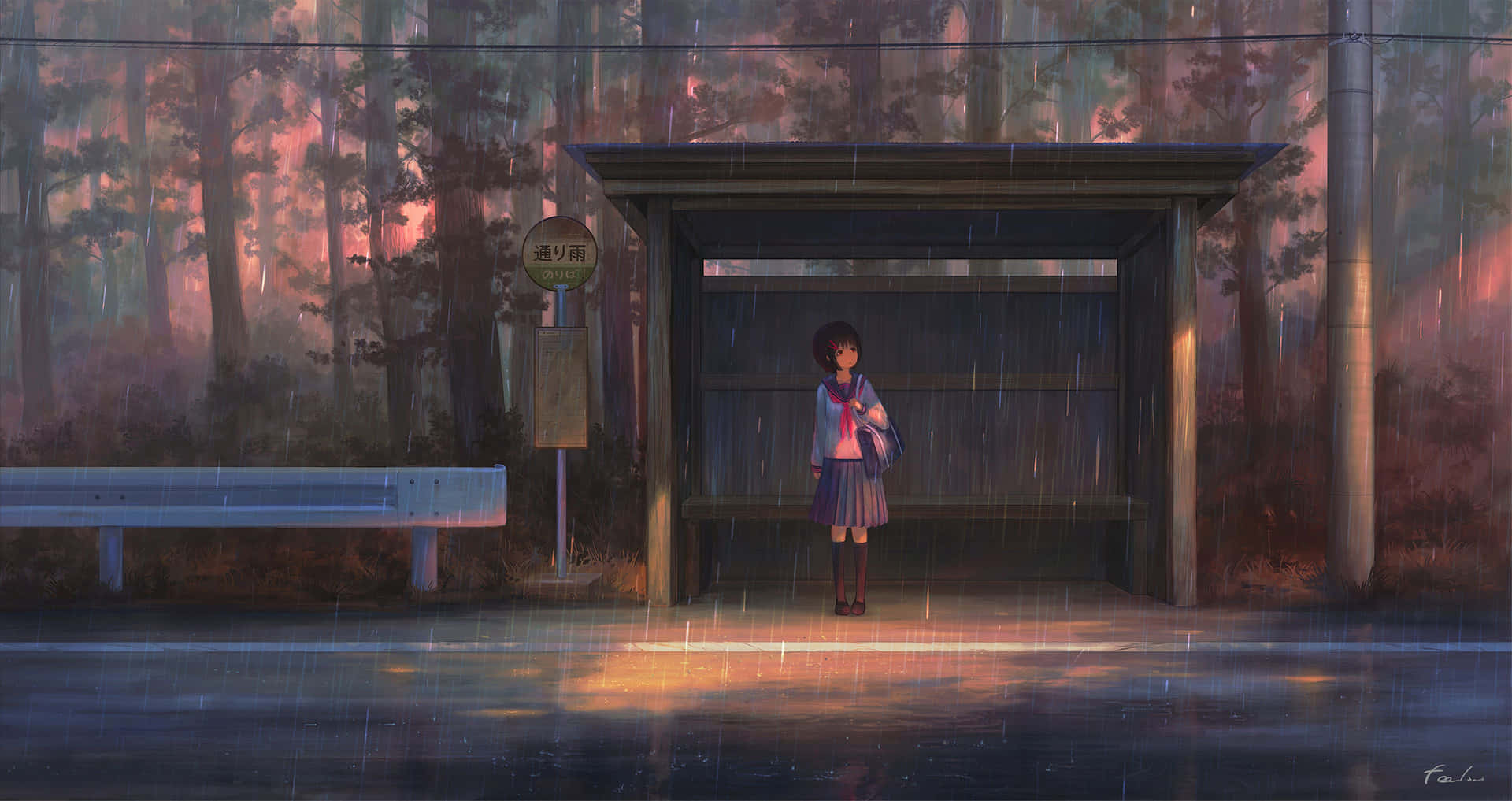 穿著校服的動漫女孩在雨林中的巴士站等待黃昏。