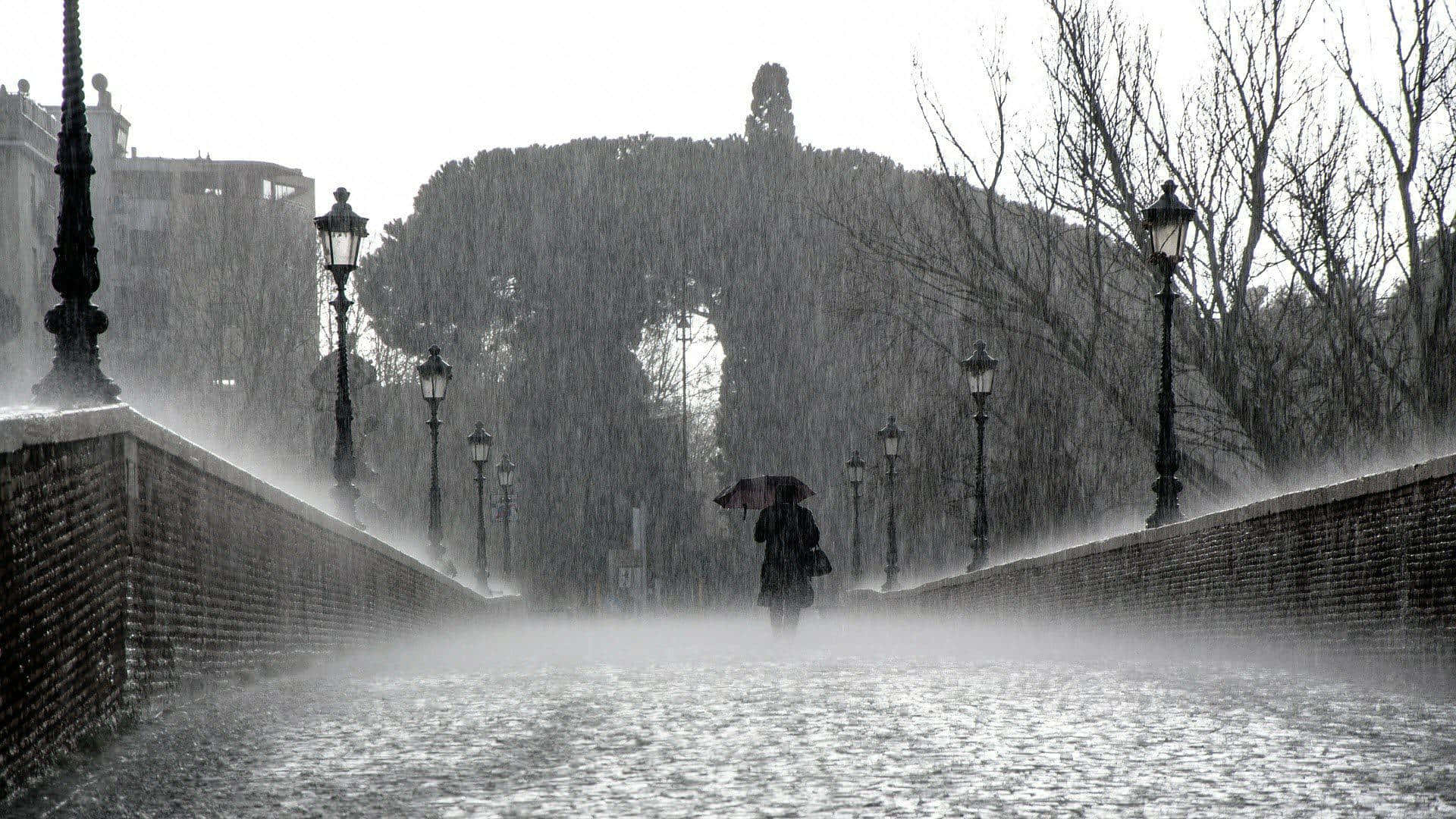 一個人在大雨中撐著雨傘，走在有路燈的石橋上。