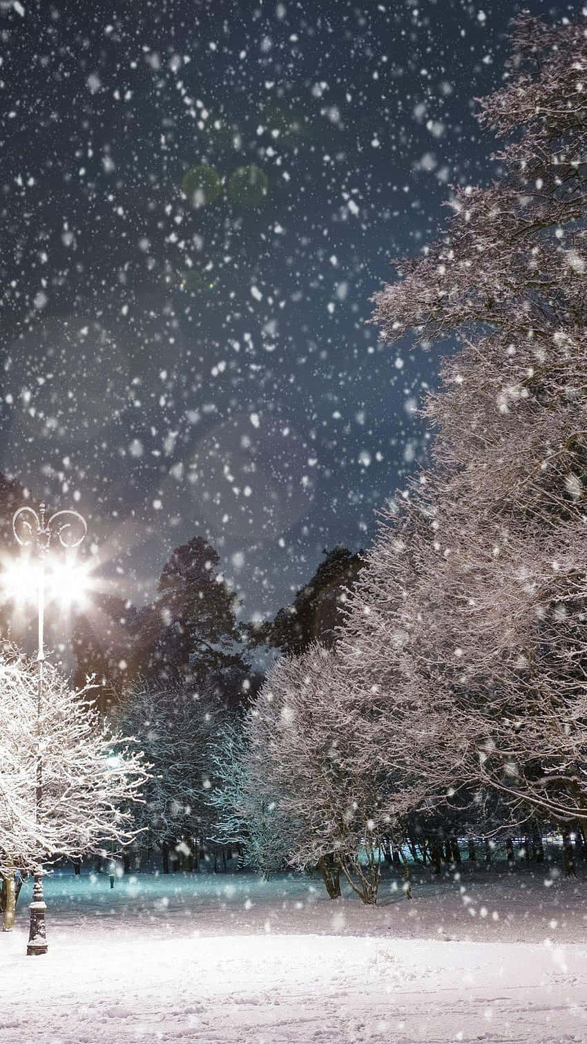 雪夜中街燈下的雪景公園。