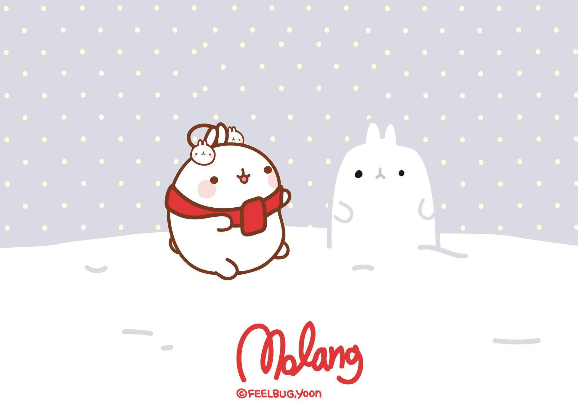 雪地中的兩隻卡通兔，一隻戴紅色圍巾，另一隻幽靈般的白色