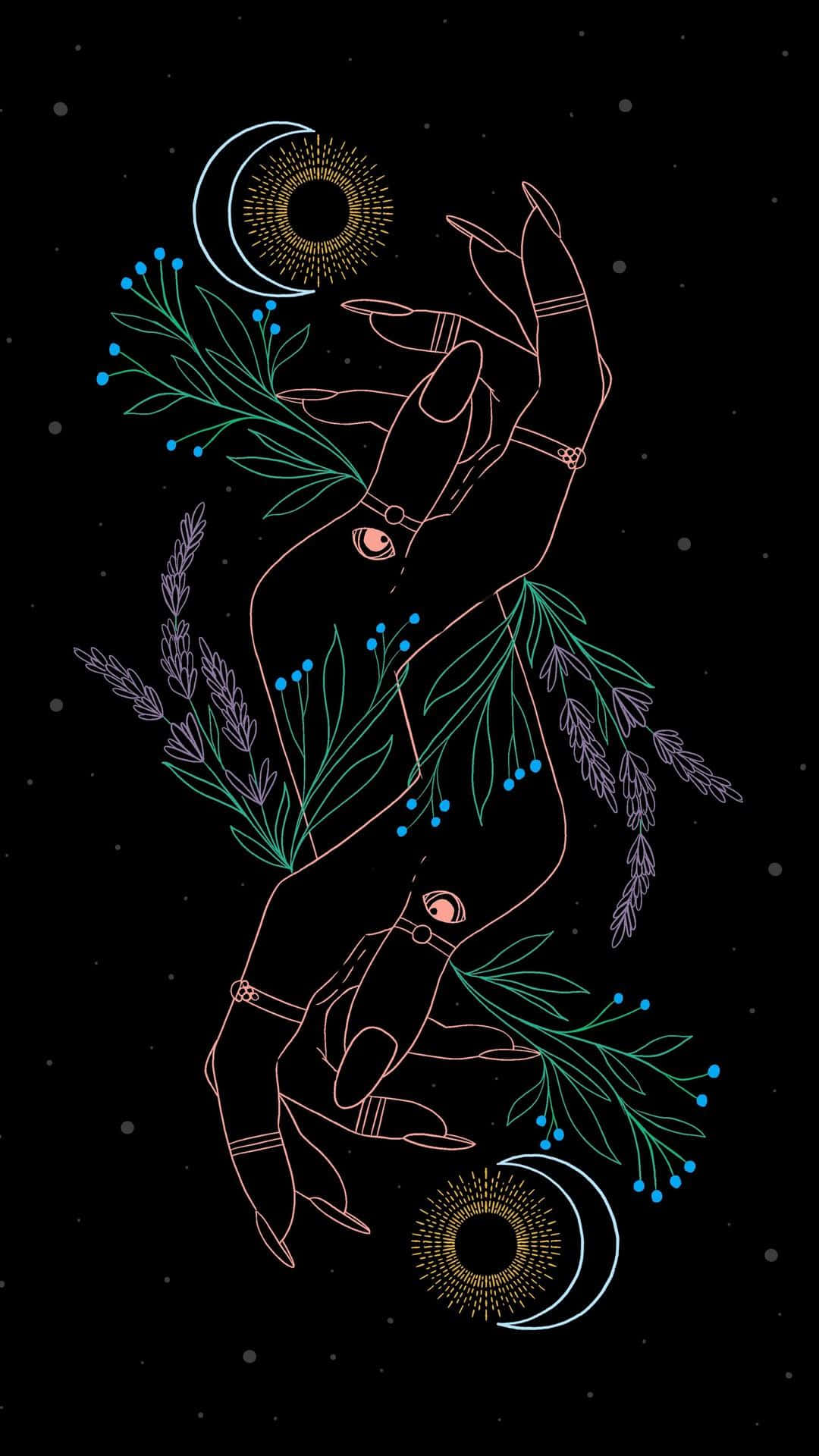 一隻發光的手在星空夜空下，於新月下方握著藍色花朵。