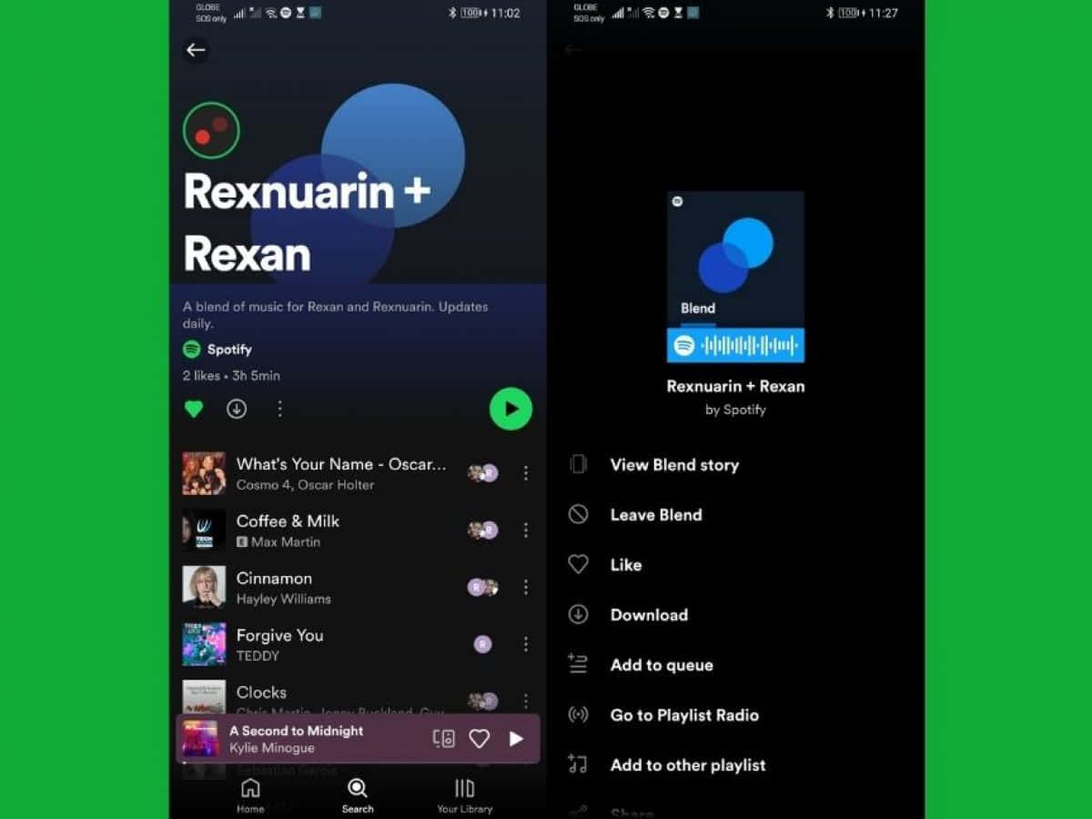 Spotify 手機應用程式顯示音樂播放清單，包含歌曲和播放選項。