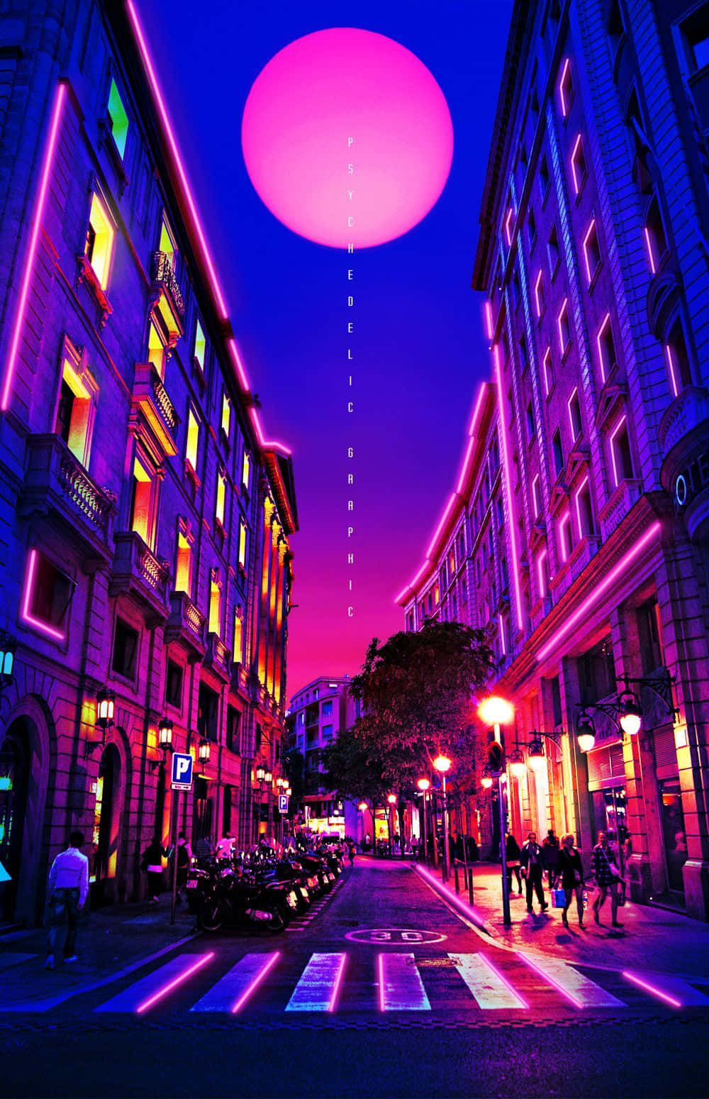夜晚霓虹燈閃爍的城市街道，巨大的粉紅色太陽和垂直文字。