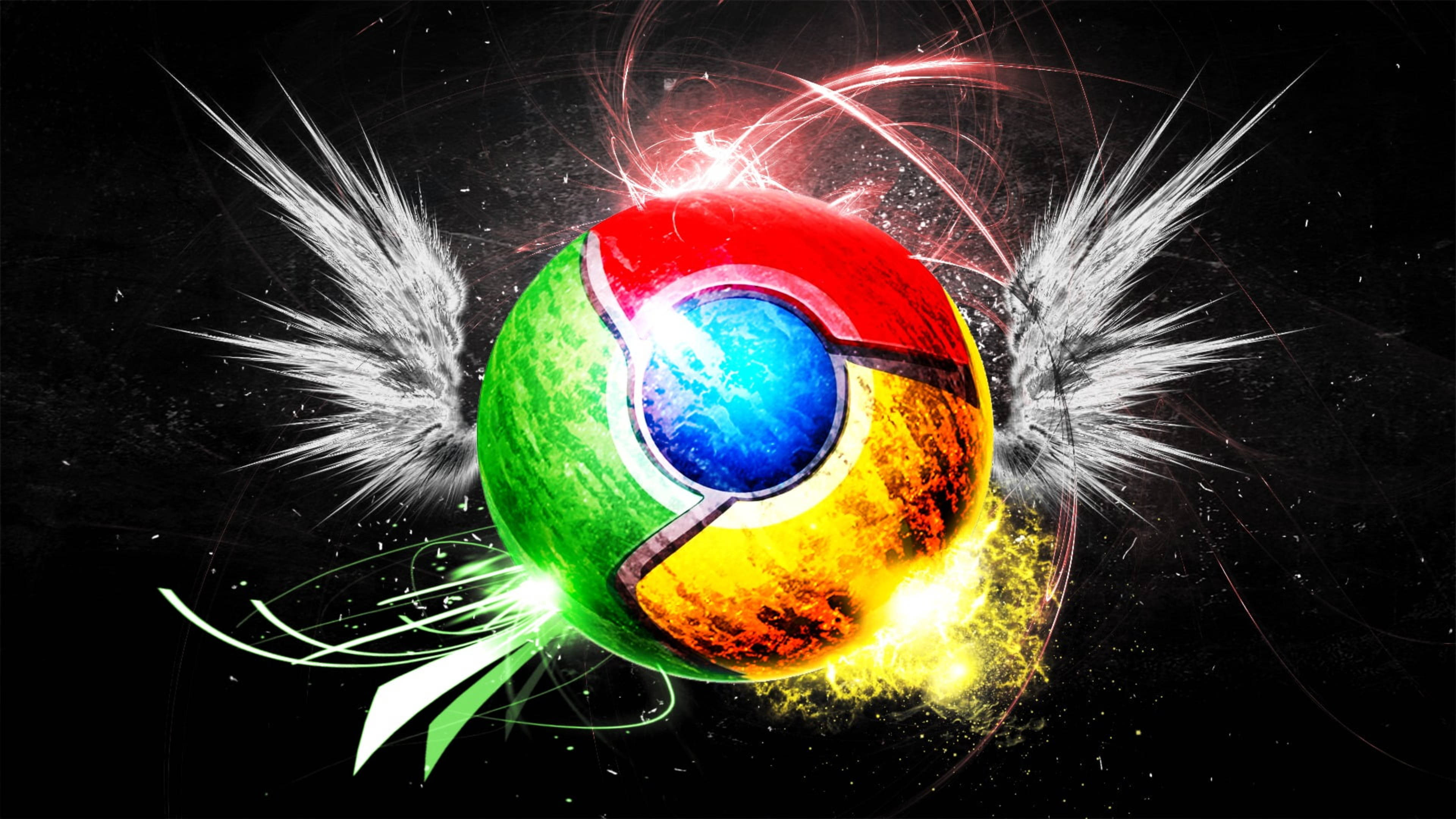 谷歌 Chrome 幻想藝術 壁紙 — 一個充滿活力的 Google Chrome 標誌球體，帶有發光的翅膀和電能爆發，背景是黑暗的宇宙。