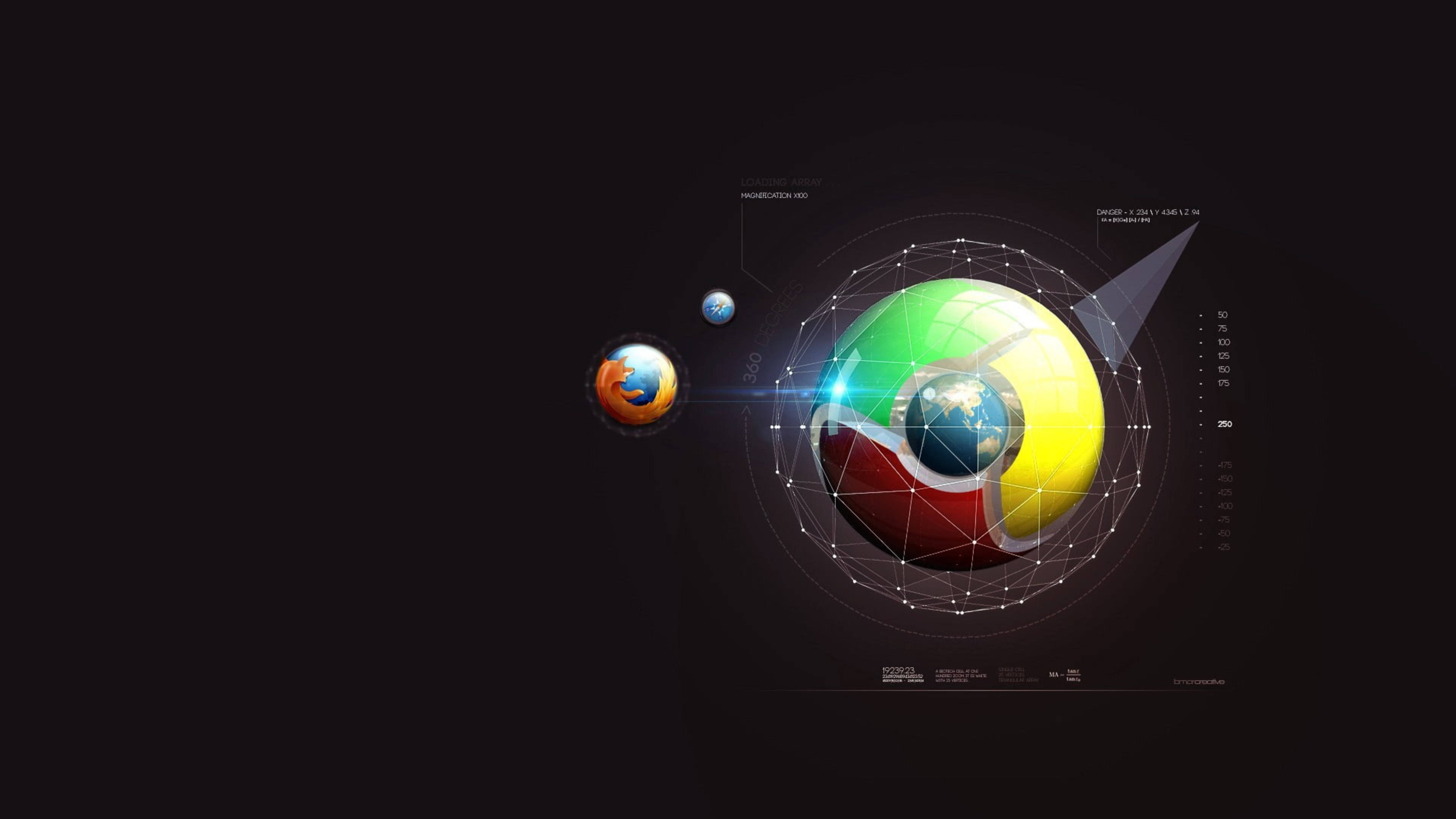 谷歌 Chrome 行星 HD 壁紙 — 一個未來感的數位地球儀，帶有發光的鉻合金片段和網絡線條，背景為深色。