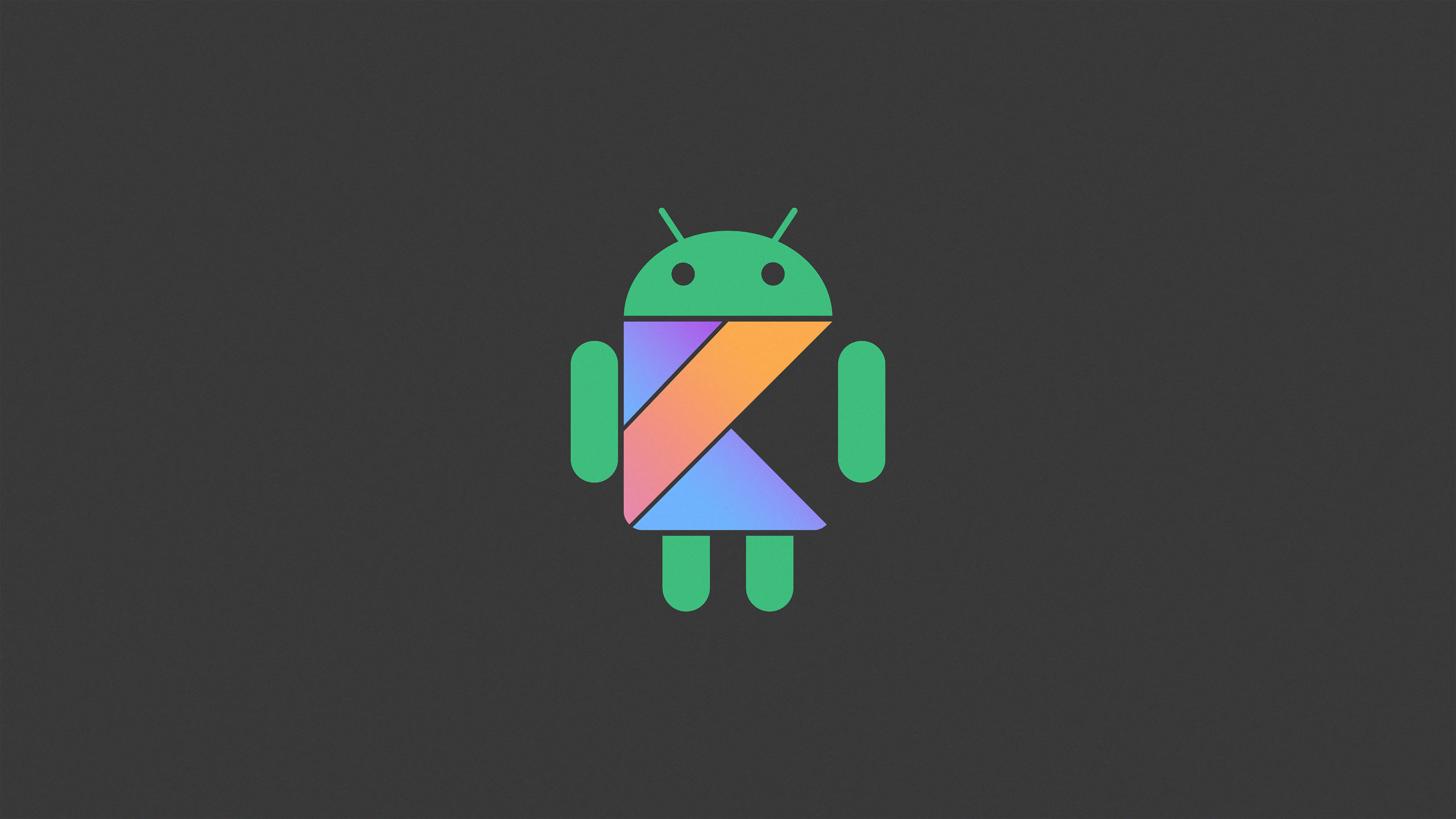 谷歌安卓徽章桌面壁紙 壁紙 — 一個綠色Android機械人圖標，帶有彩色幾何形狀的軀幹，居中在深灰色背景上。