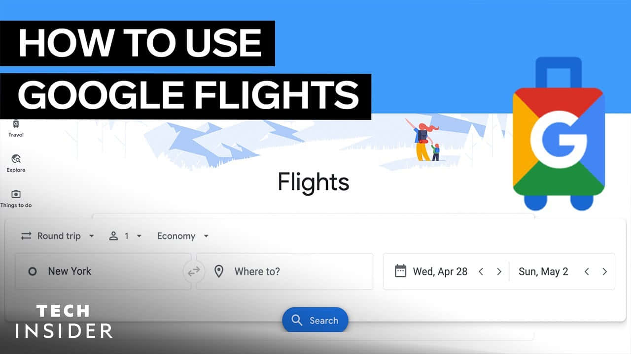 Google Flights 旅行搜尋介面，附有雪山和彩色行李箱標誌。