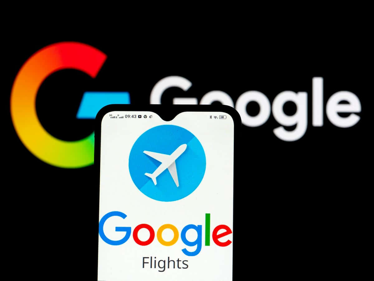 智能手機顯示Google Flights應用程式，背景為Google標誌。
