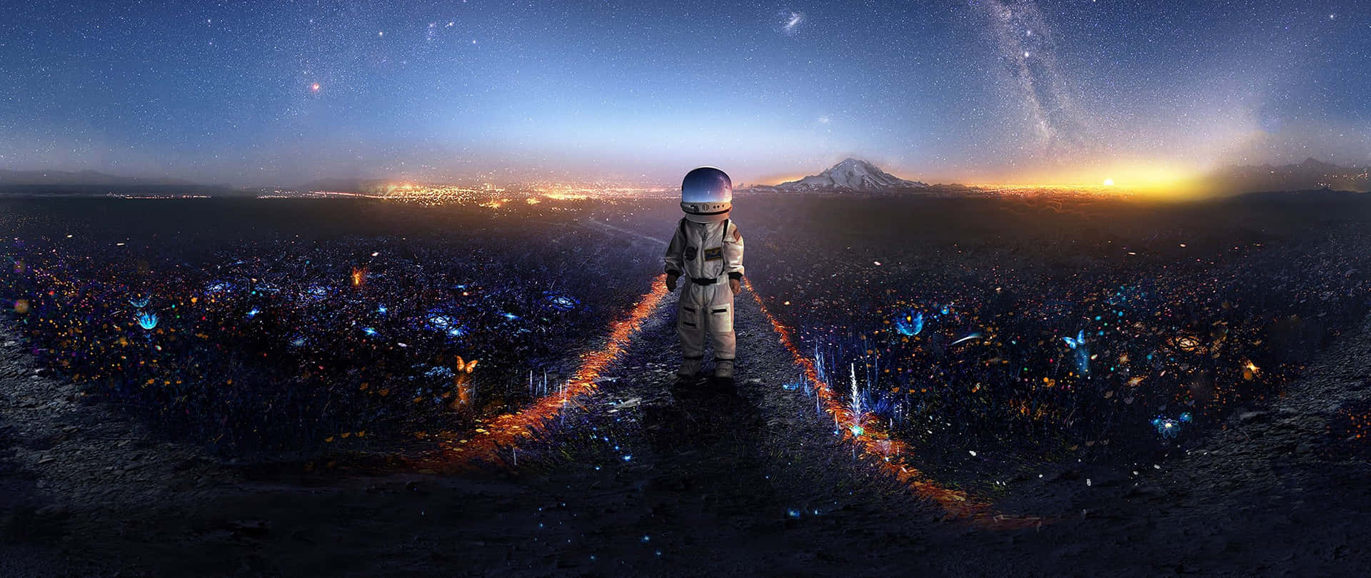 一位孤獨的太空人在暮色中穿過發光粒子，行走在宇宙平原上。