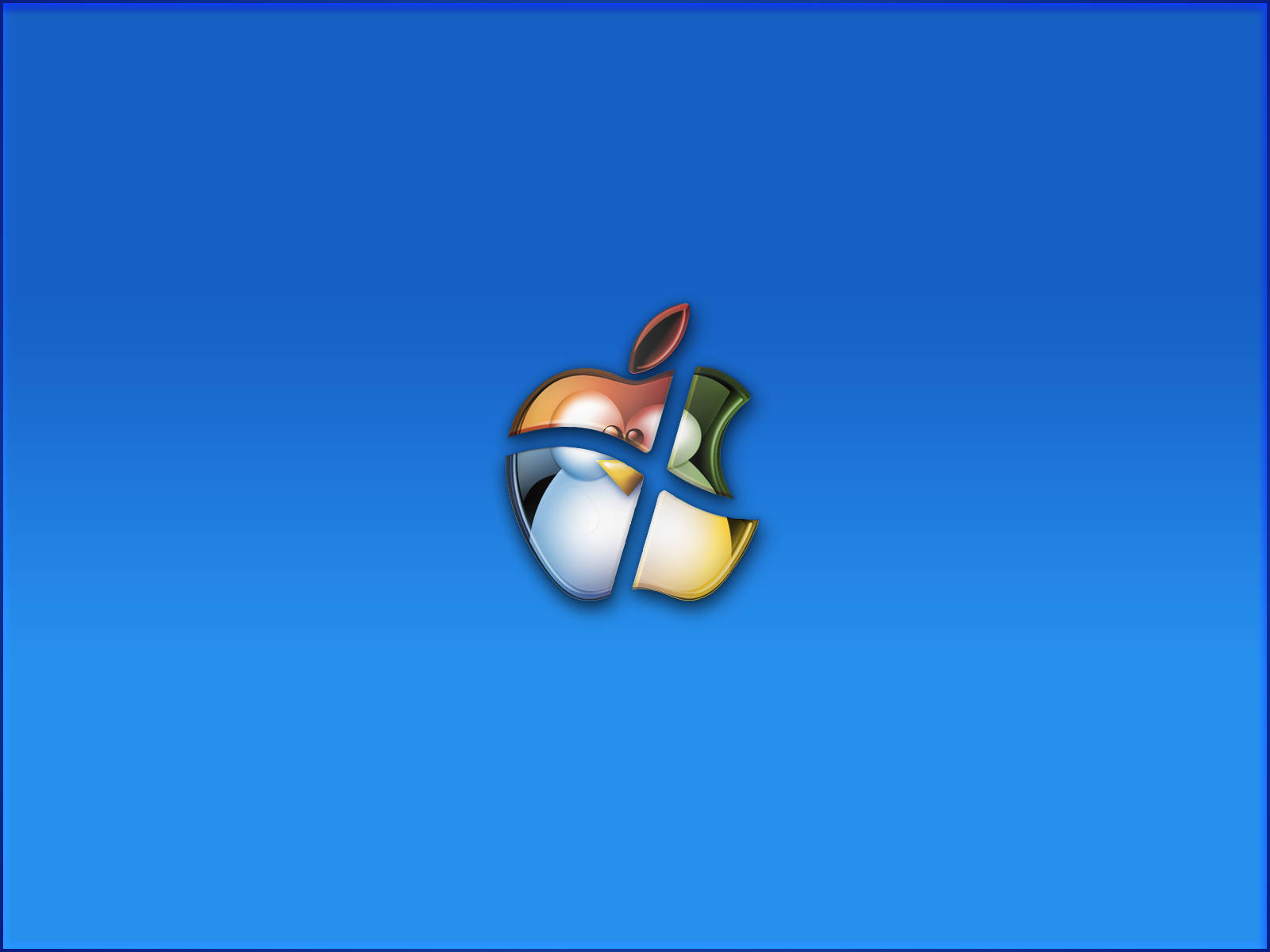 光澤Apple標誌分成四個彩色部分在藍色漸變背景上