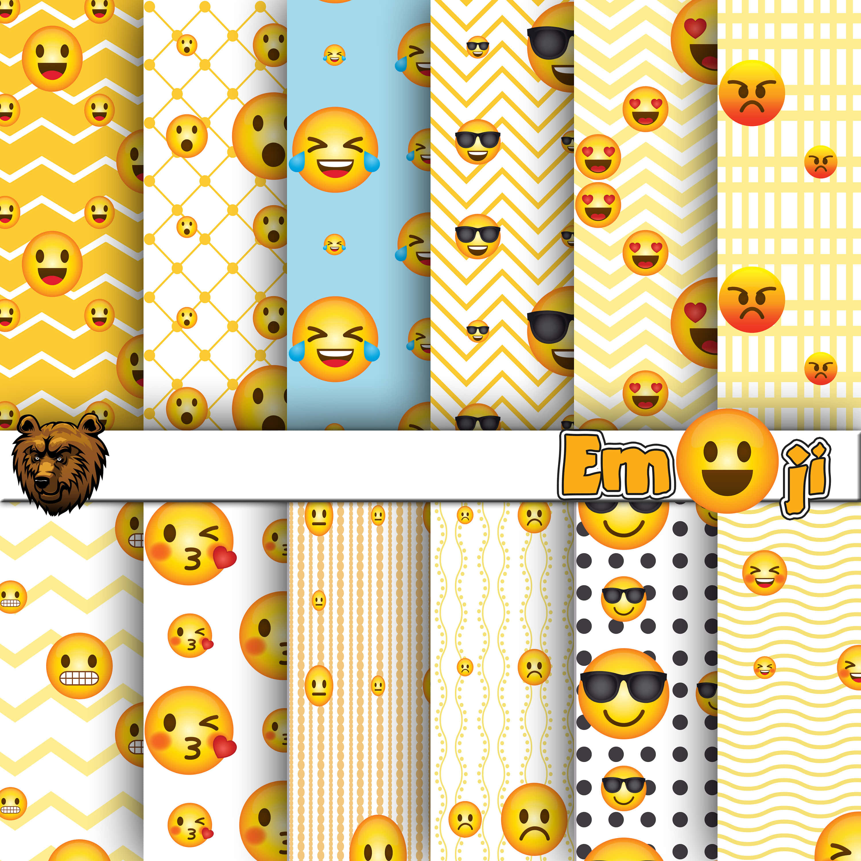 豐富多彩的Emoji集合 壁紙 — 一個充滿活力的表情符號圖案系列，特色是在幾何背景上戴著太陽眼鏡和心形眼睛的微笑眨眼臉孔。