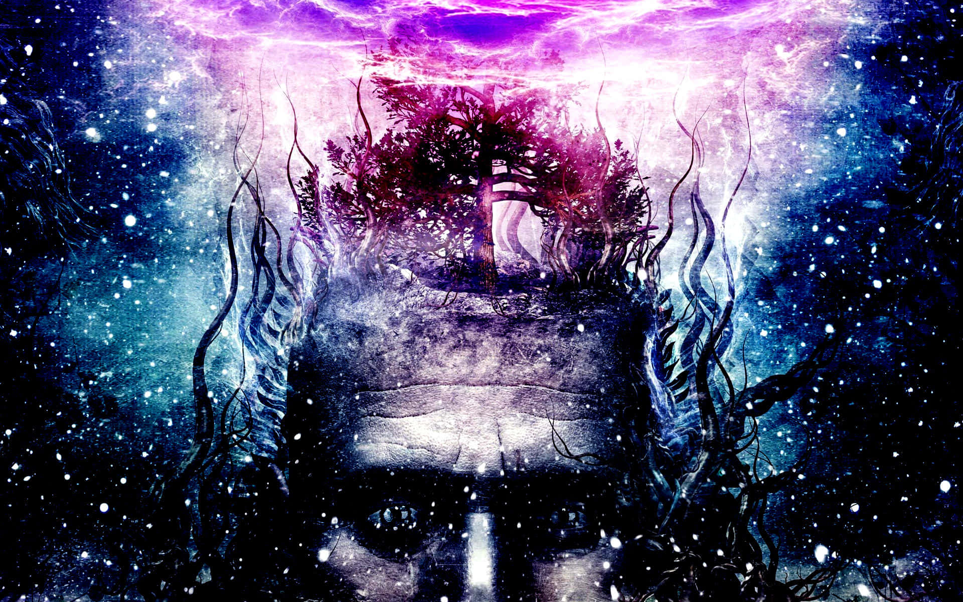 豐富多彩的深邃迷幻視覺 壁紙 — 一個宇宙面孔，帶有發光的紫色眼睛，額頭上長出一棵樹，背景是繁星點點的星雲天空。