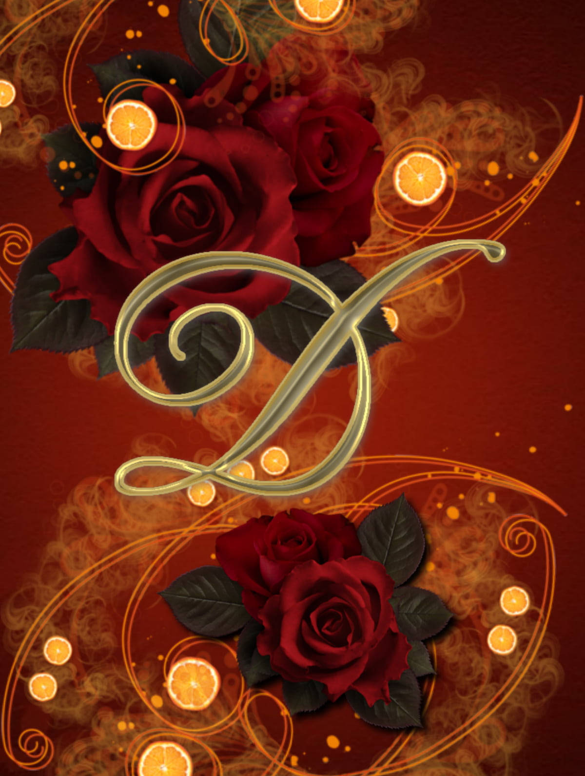 rose aesthetic phone 桌布 壁紙 — 豐富的紅玫瑰和發光的橙色柑橘片在深紅色背景上圍繞著金色華麗字母D旋轉。