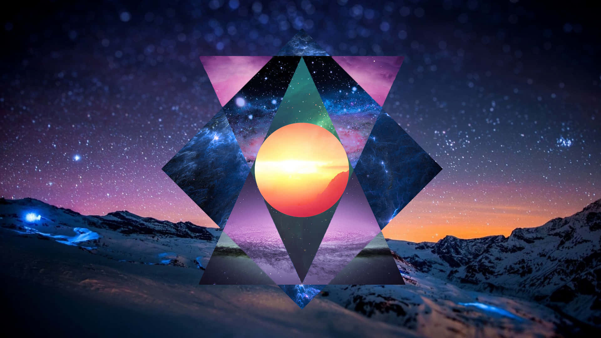 幾何三角形內發光的太陽，星空下積雪的山脈