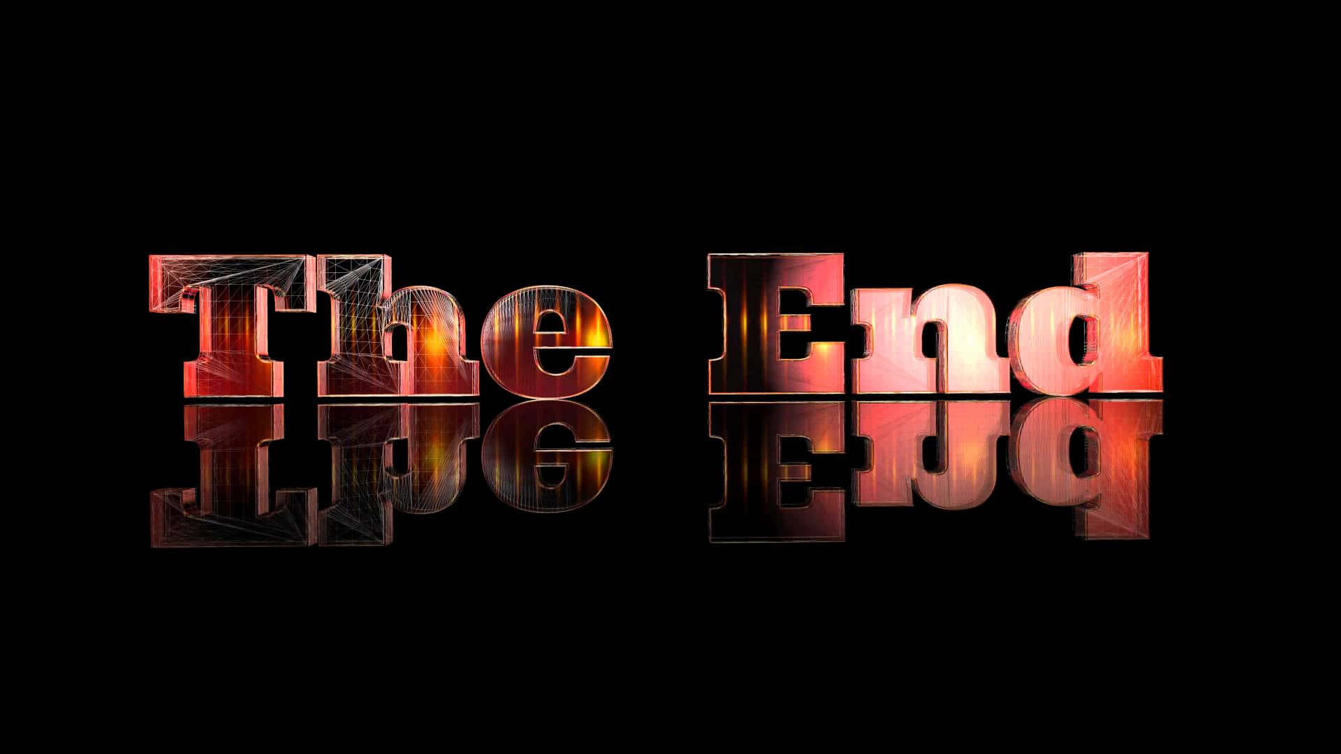 粗體火焰文字顯示 The End，在黑色背景上帶有反射。
