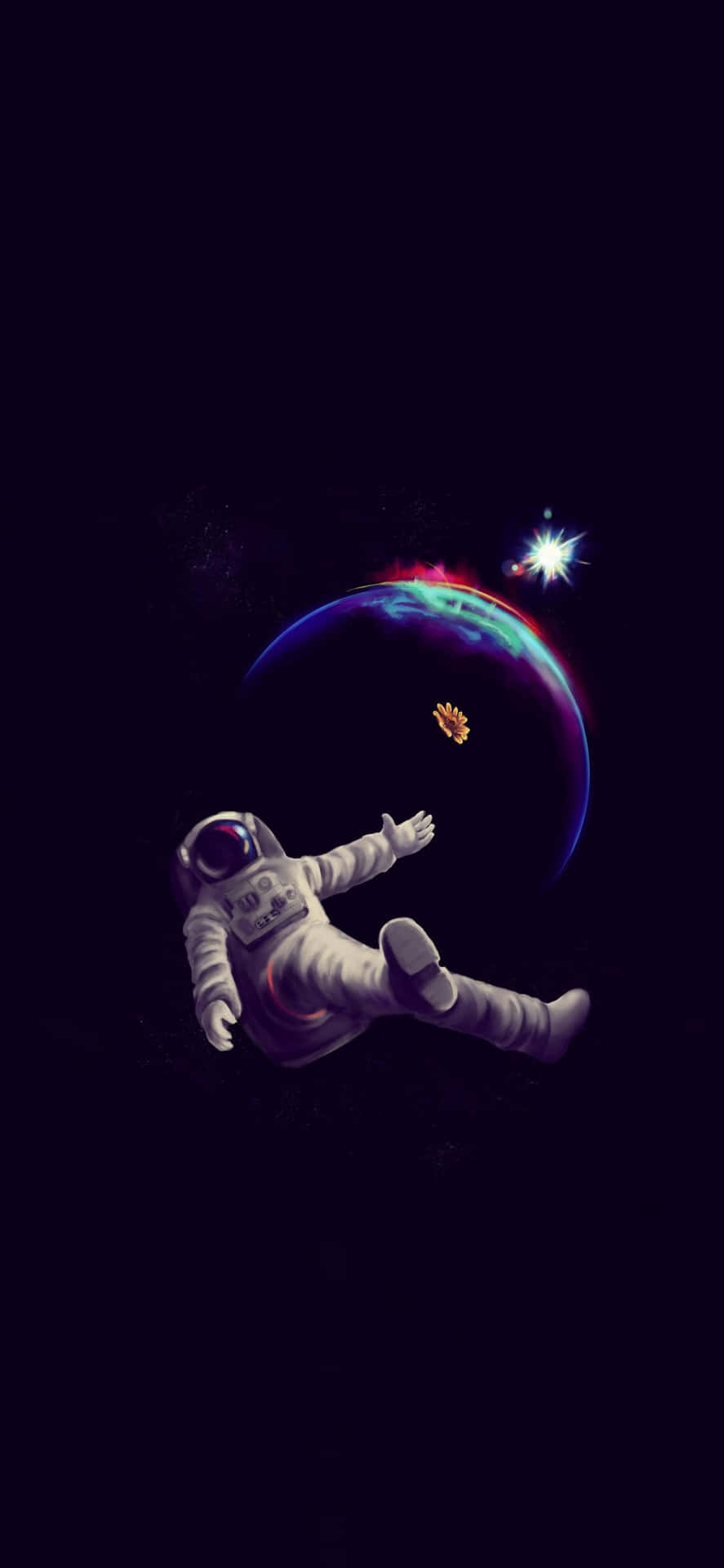 太空人漂浮在太空，靠近發光的行星和明亮的星星。