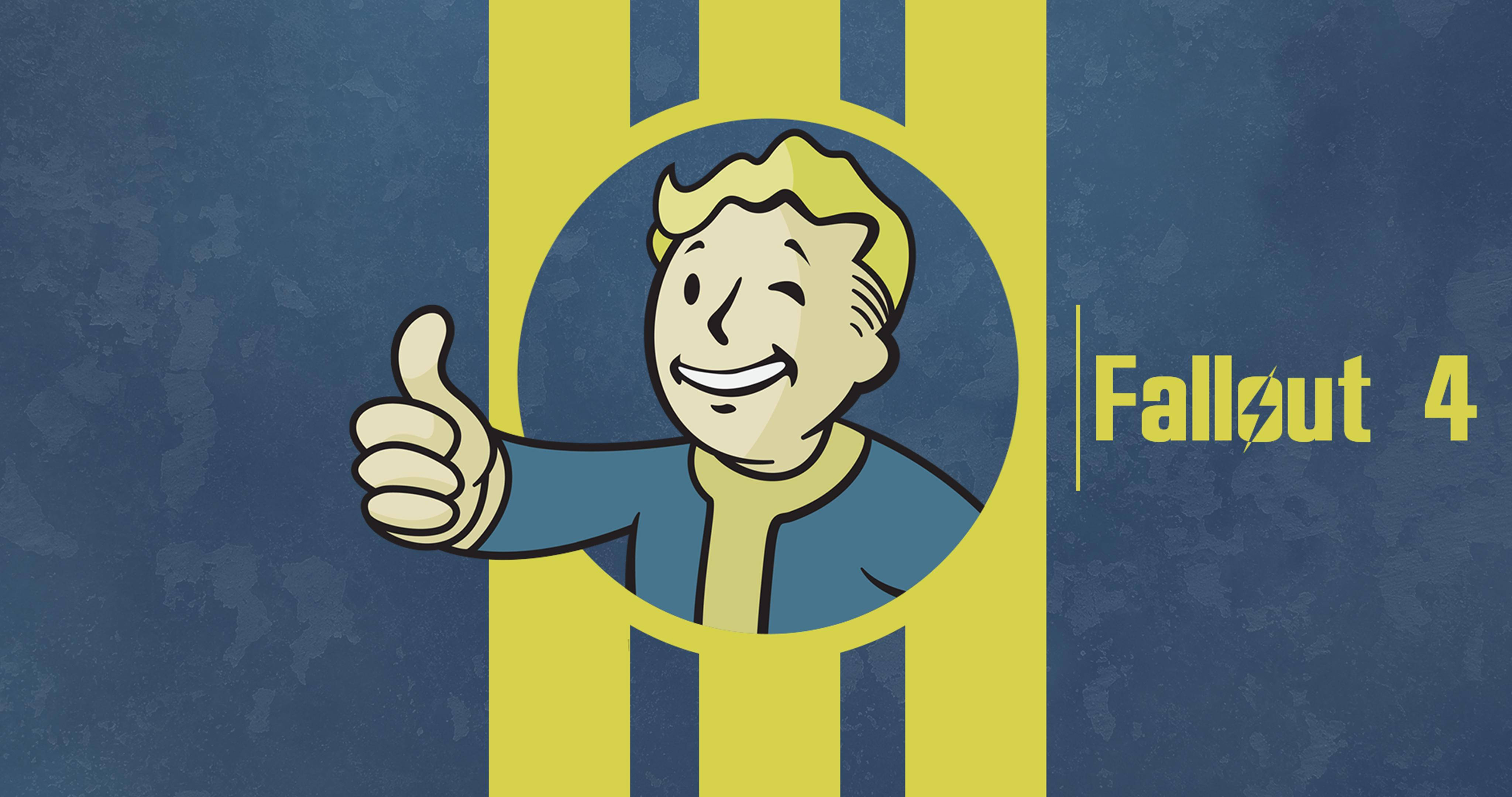 象徵冒險開始的輻射 Vault Boy 壁紙 — 一個開心的卡通Vault Boy在黃色避難所標誌內豎起大拇指，背景是帶紋理的藍色，並有Fallout 4文字。
