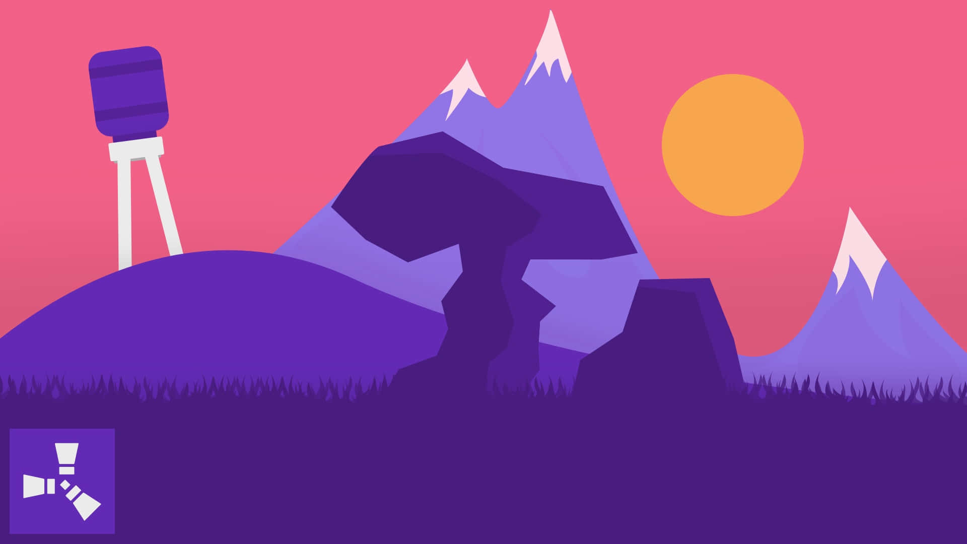 象徵堅韌與持久的橙色鏽蝕背景 壁紙 — 一個風格化的紫色山景日落場景，有水塔和橙色太陽，襯托著粉紅色的天空。