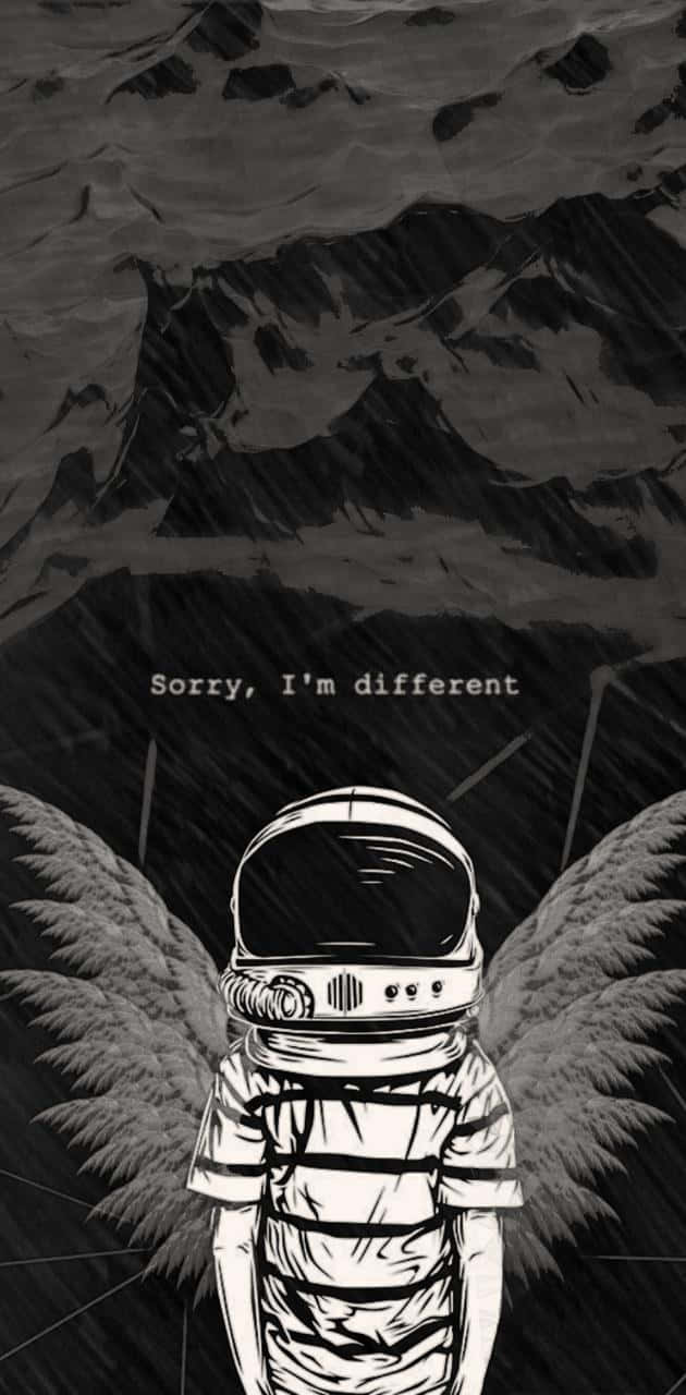 太空人帶著天使翅膀站在暴風雨山前，上面寫著 sorry i'm different。