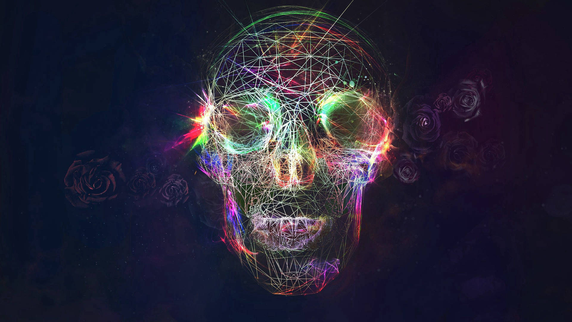 在黑暗太空中，帶有發光眼睛和漂浮玫瑰的霓虹線框骷髏頭。