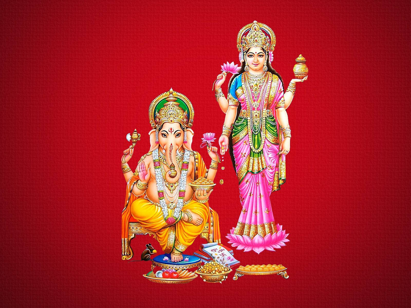 Lakshmi 桌布 壁紙 — 象神和吉祥天女端莊地坐在紅色紋理背景上，背景裝飾著供品和蓮花。