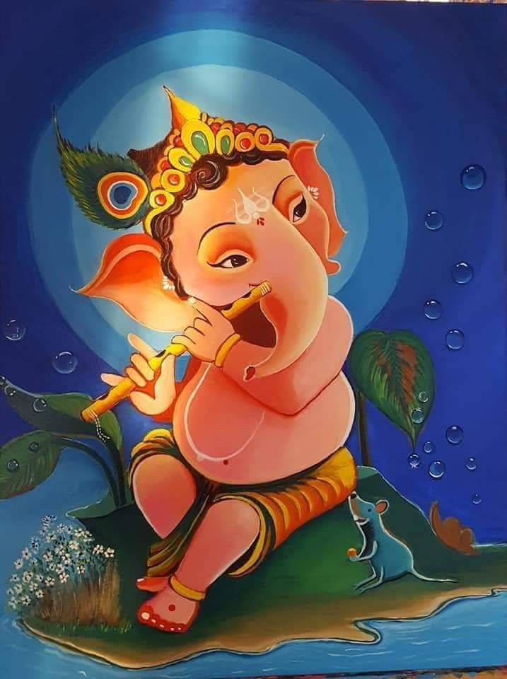 大象 桌布 壁紙 — 象頭神伽內什坐在蓮葉上吹奏長笛，周圍環繞著水滴和綠植，散發著藍色光芒。