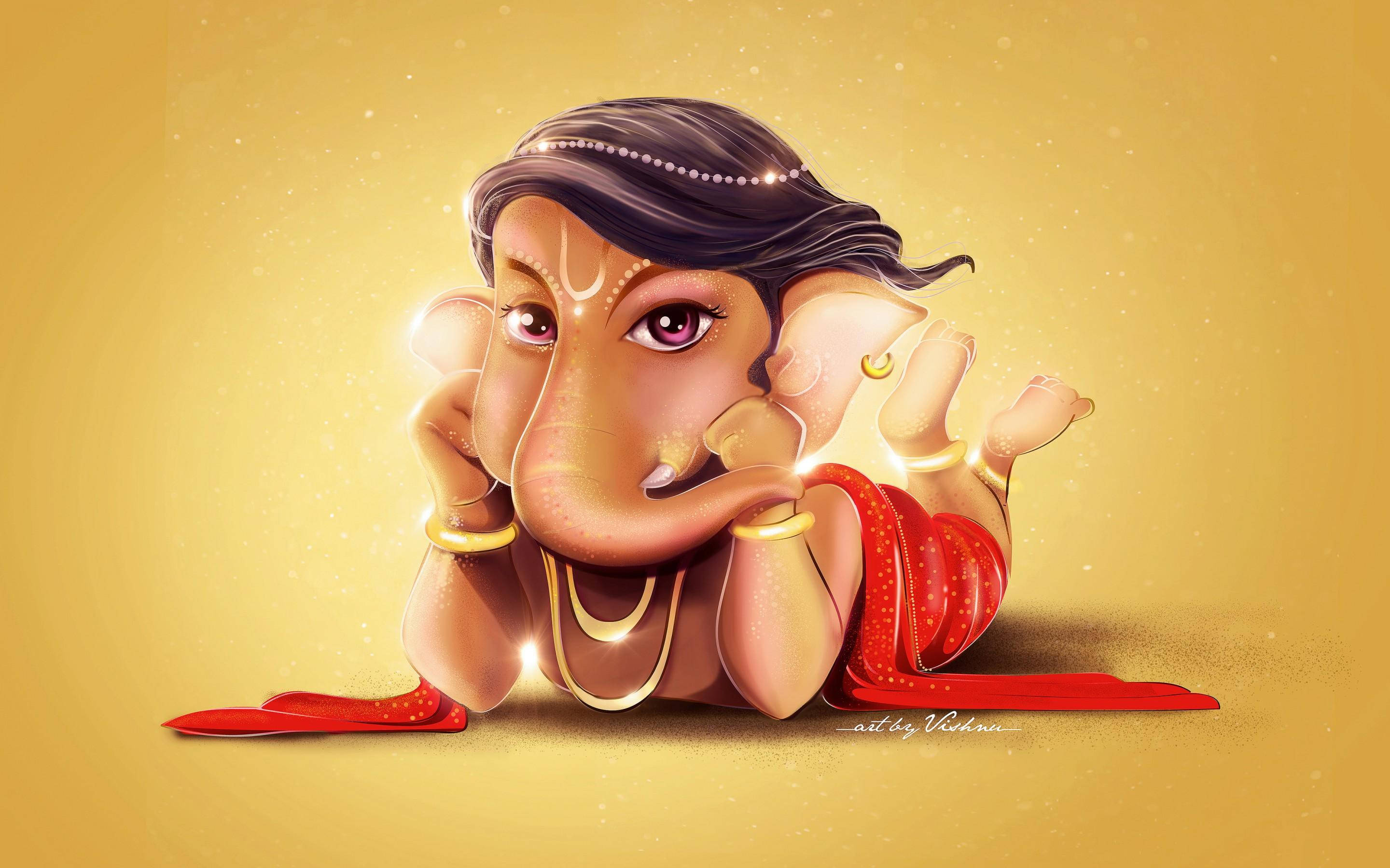 象頭神甘尼薩3D卡通風格藝術 壁紙 — 一個迷人的插圖小象神Ganesha，有大耳朵和粉紅色的眼睛，在金色背景上穿著紅色和金色的服飾。