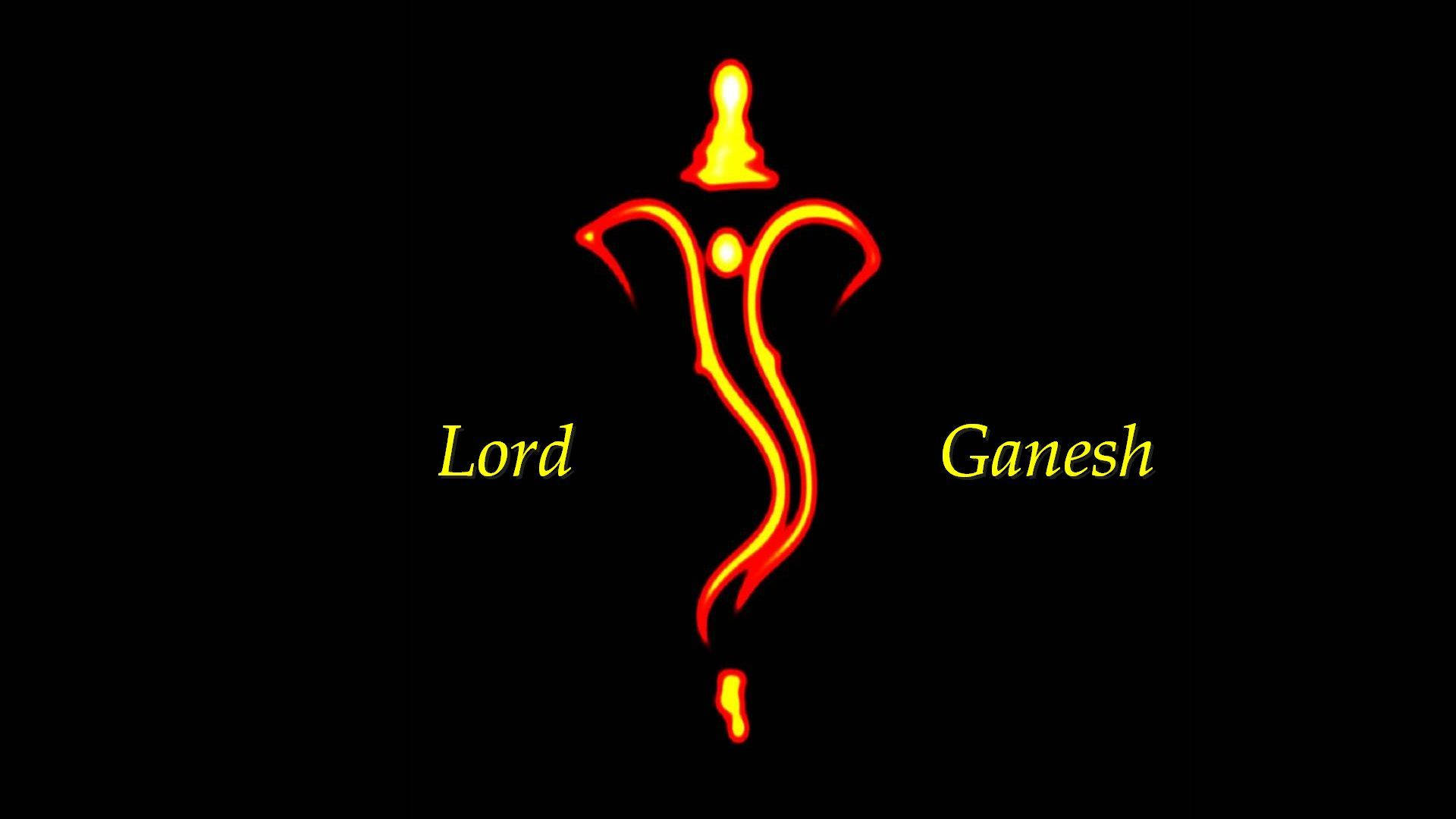 發光橙色象神 Lord Ganesha 剪影，黑色背景上黃色文字。