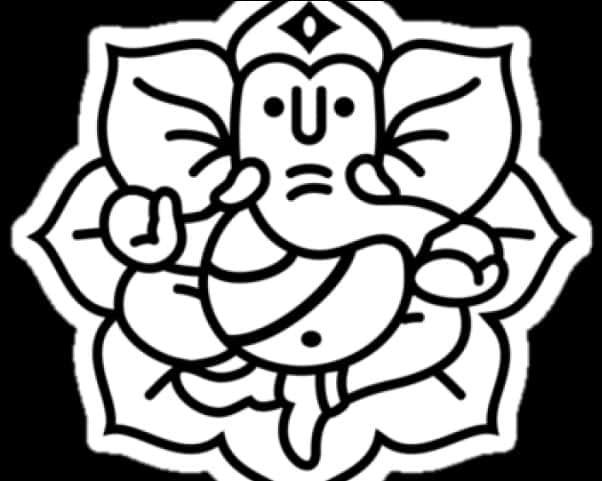 象頭神線條藝術圖 壁紙 — 簡約黑白線條畫，描繪象神迦內什坐在蓮花上，面部特徵簡單，雙手舉起。