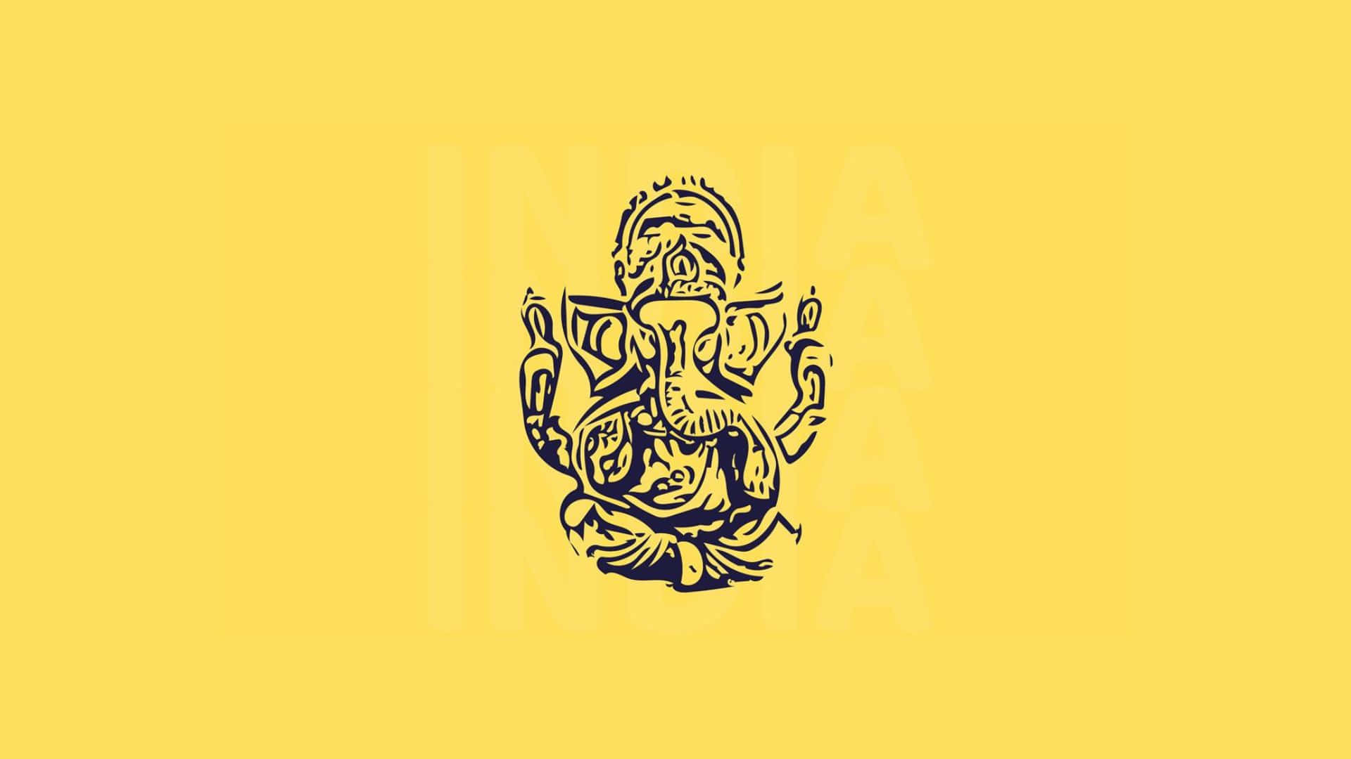 在黃色背景上以黑色線條描繪印度教象神 Ganesha，並帶有印度浮水印。