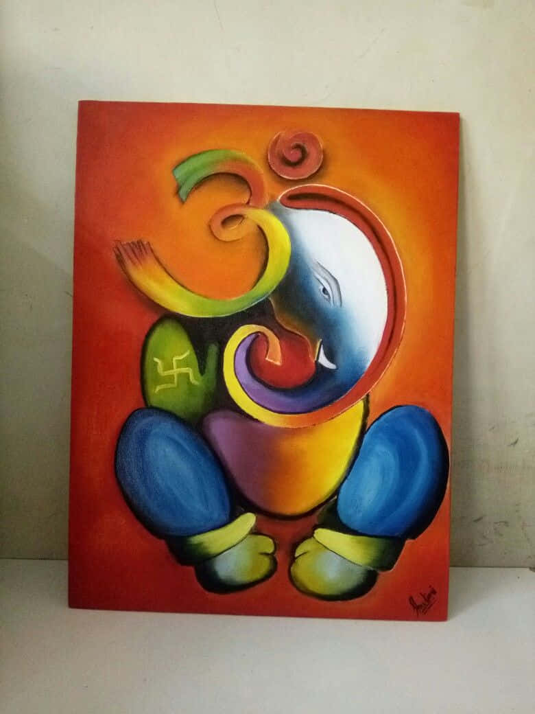 抽象彩色畫作，描繪印度教象頭神格涅沙，帶有漩渦圖案，背景為橙色。