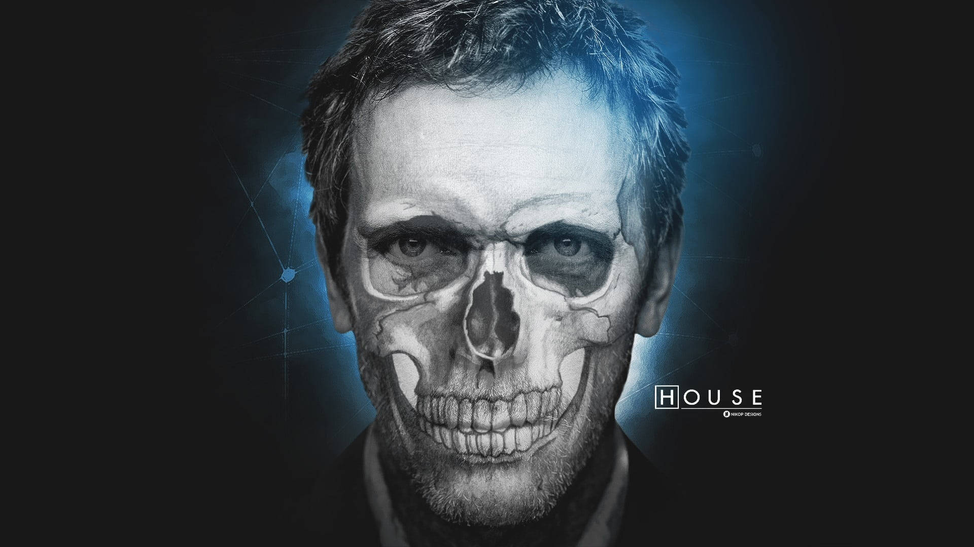 一個男人在深藍色醫療背景下，帶有半透明骷髏疊加效果。