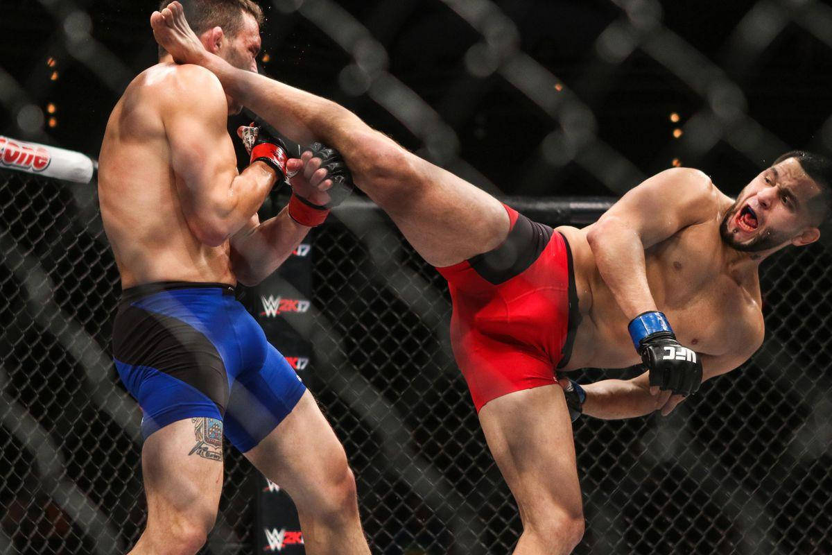 籠中的兩名MMA拳手，一人踢向另一人，後者擋格。