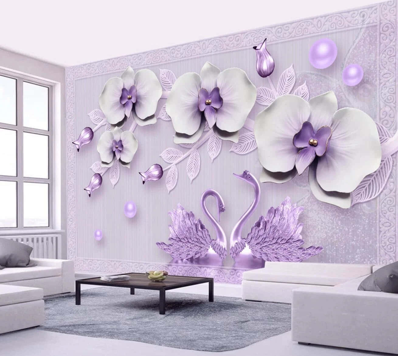 Purple Decor 桌布 壁紙 — 豪華客廳採用3D牆紙，以淺紫色紋理背景襯托，圖案包括大型白色和紫色蘭花、兩隻天鵝以及漂浮的珍珠。